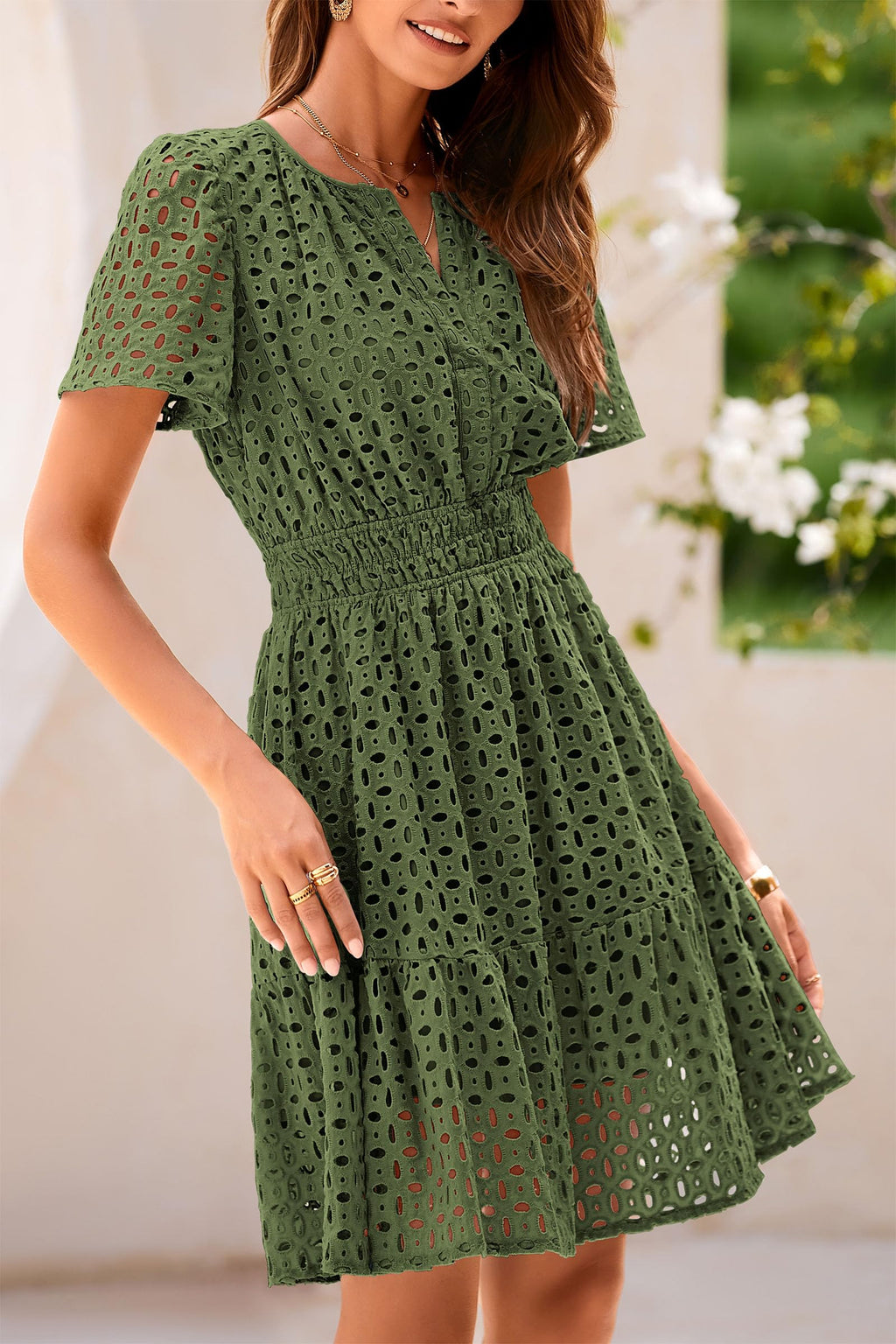 PRETTYGARDEN Womens Summer Short Dress V Neck Short Sleeve A Line Hollow Out Lace Ruffle Cute Casual Beach Party Dresses