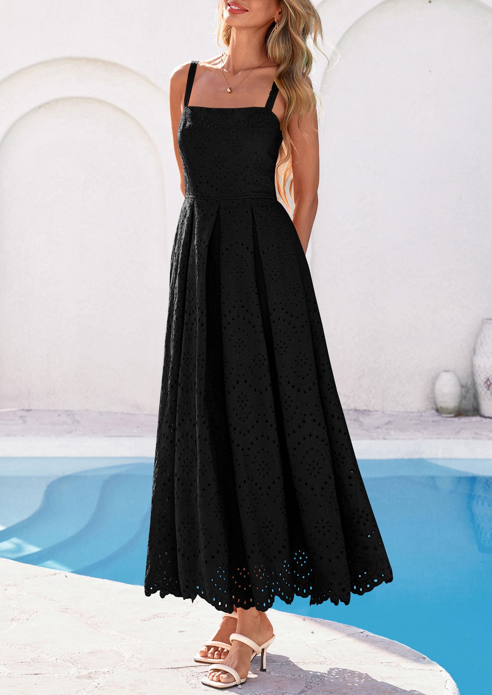 PRETTYGARDEN Womens Sleeveless Maxi Summer Dresses Hollow Out Eyelet Square Neck Ruffle Flowy Beach Vacation Sundress