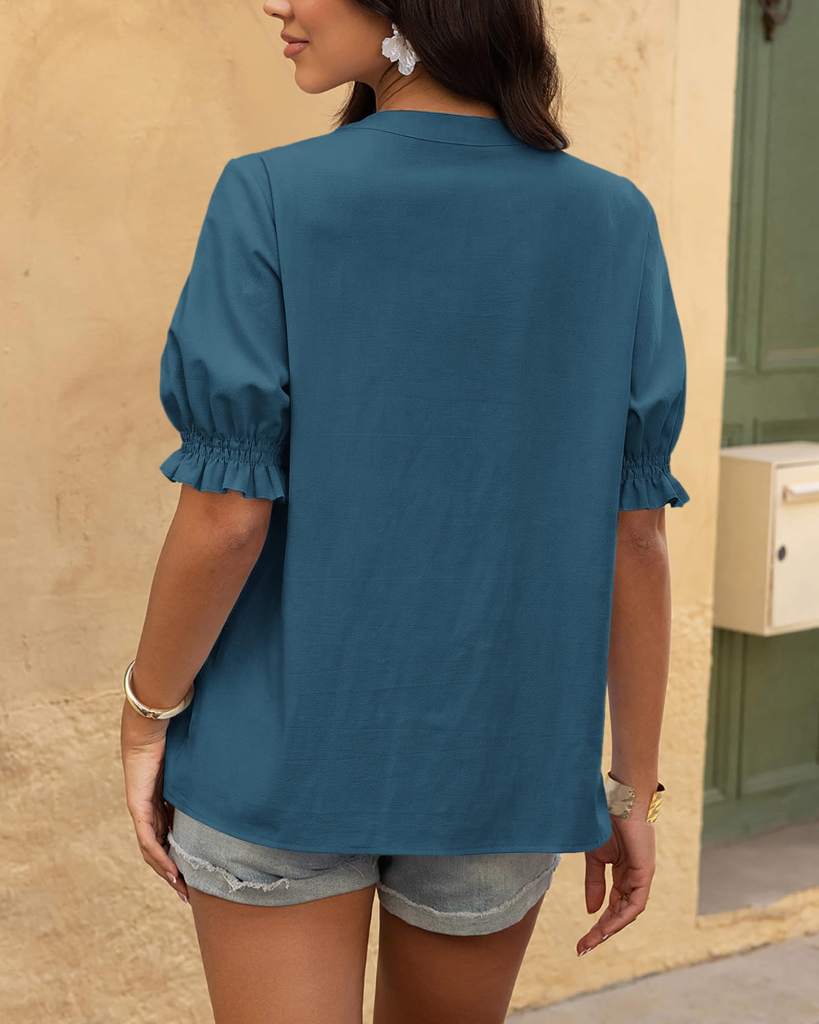 BTFBM Women's Spring Tops Casual Floral Boho V Neck Puff Short Sleeve Button Down Shirts Embroidered Blouses Tunic