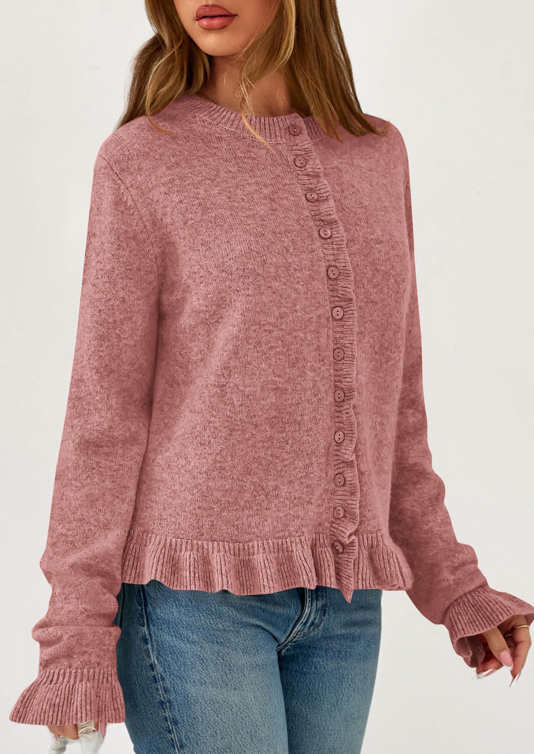 PRETTYGARDEN Womens Fall Button Down Cardigans Chunky Knit Ruffle Open Front Cropped Cardigan Sweaters Soft Long Sleeve Tops