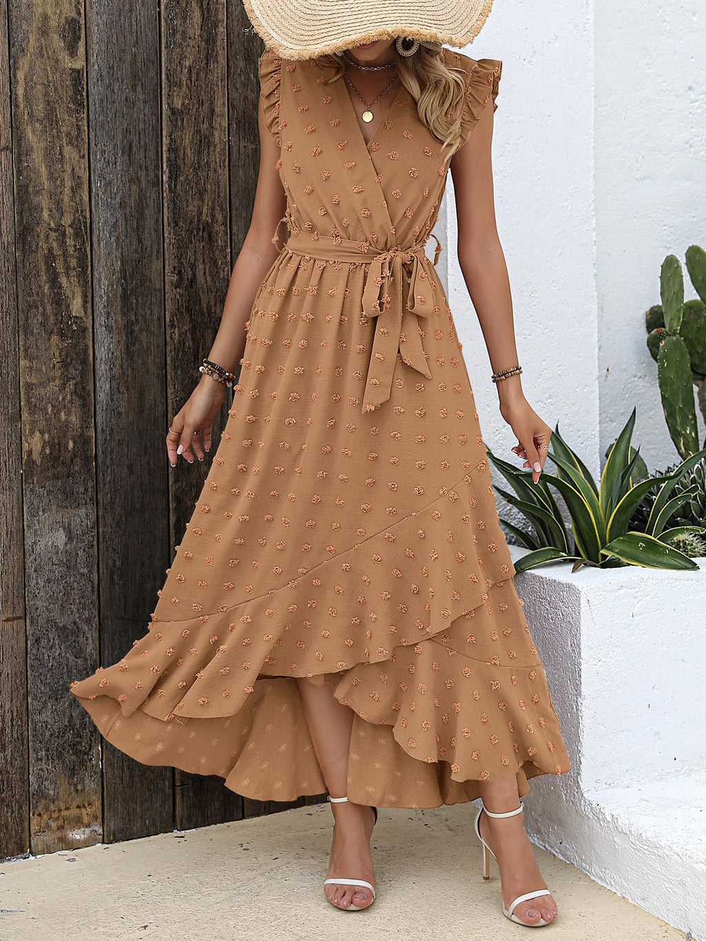 BTFBM Boho Dresses for Women Spring Fashion Cap Sleeve Swiss Dot Flowy Ruffle Beach Wedding Cocktail Maxi Dress