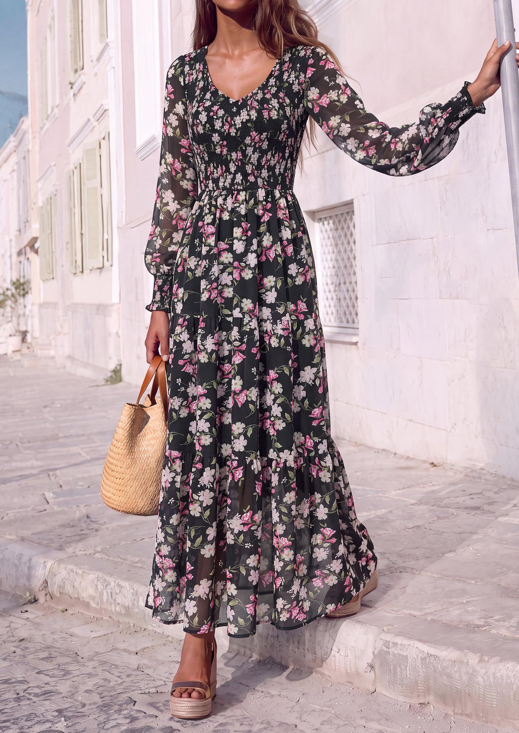 FreshPretty Womens Flroal Long Sleeve Dress Boho A Line Fall Maxi Dresses,Sheer Lantern Sleeve, Lined & Pockets, Smocked Front Back, High Waisted Flowy Long Dress, Tiered Fall Wedding Guest Dresses