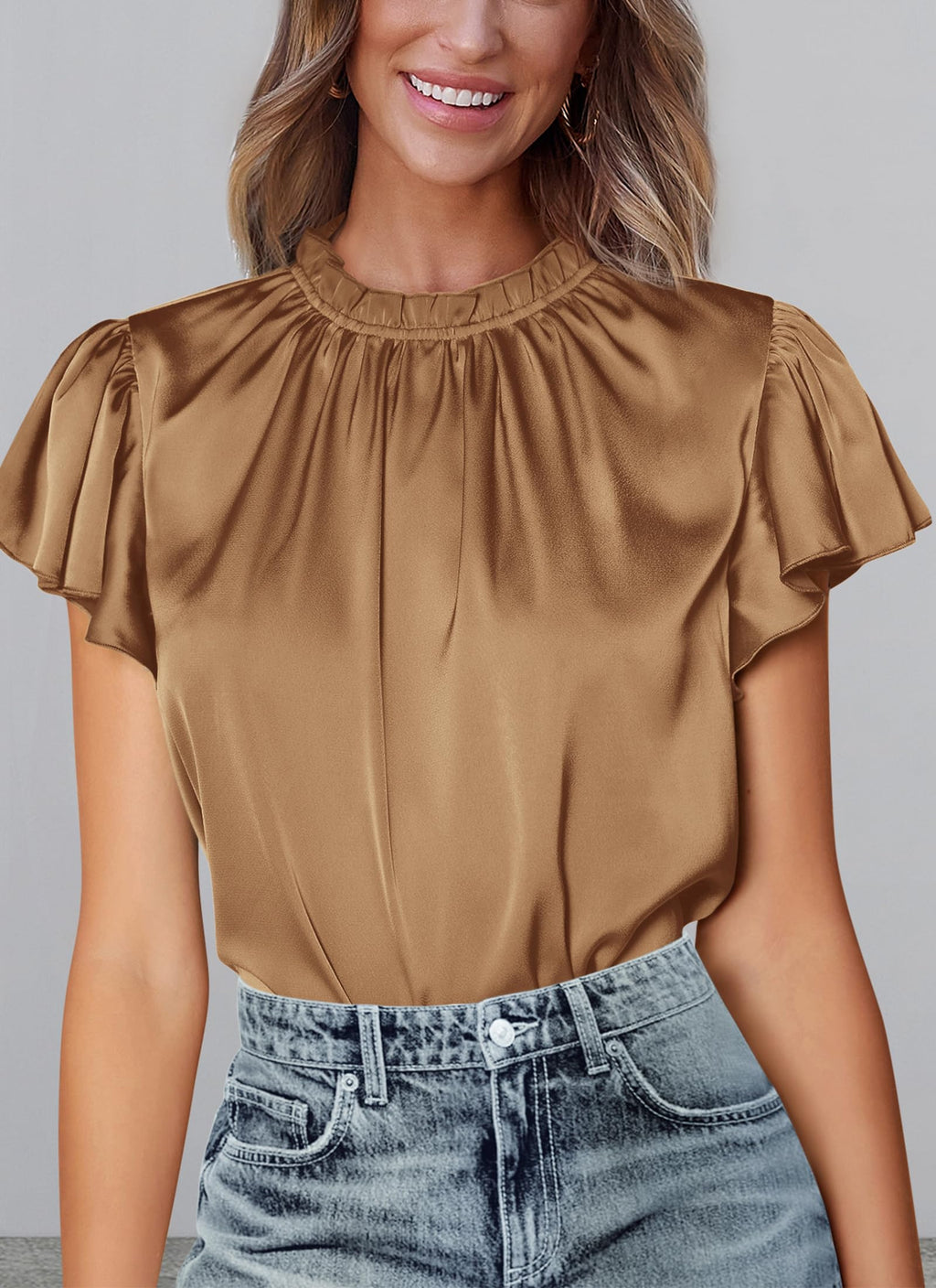 PRETTYGARDEN Business Casual Tops for Women Blouses Dressy  Summer Short Sleeve Ruffle Satin Work Office Attire