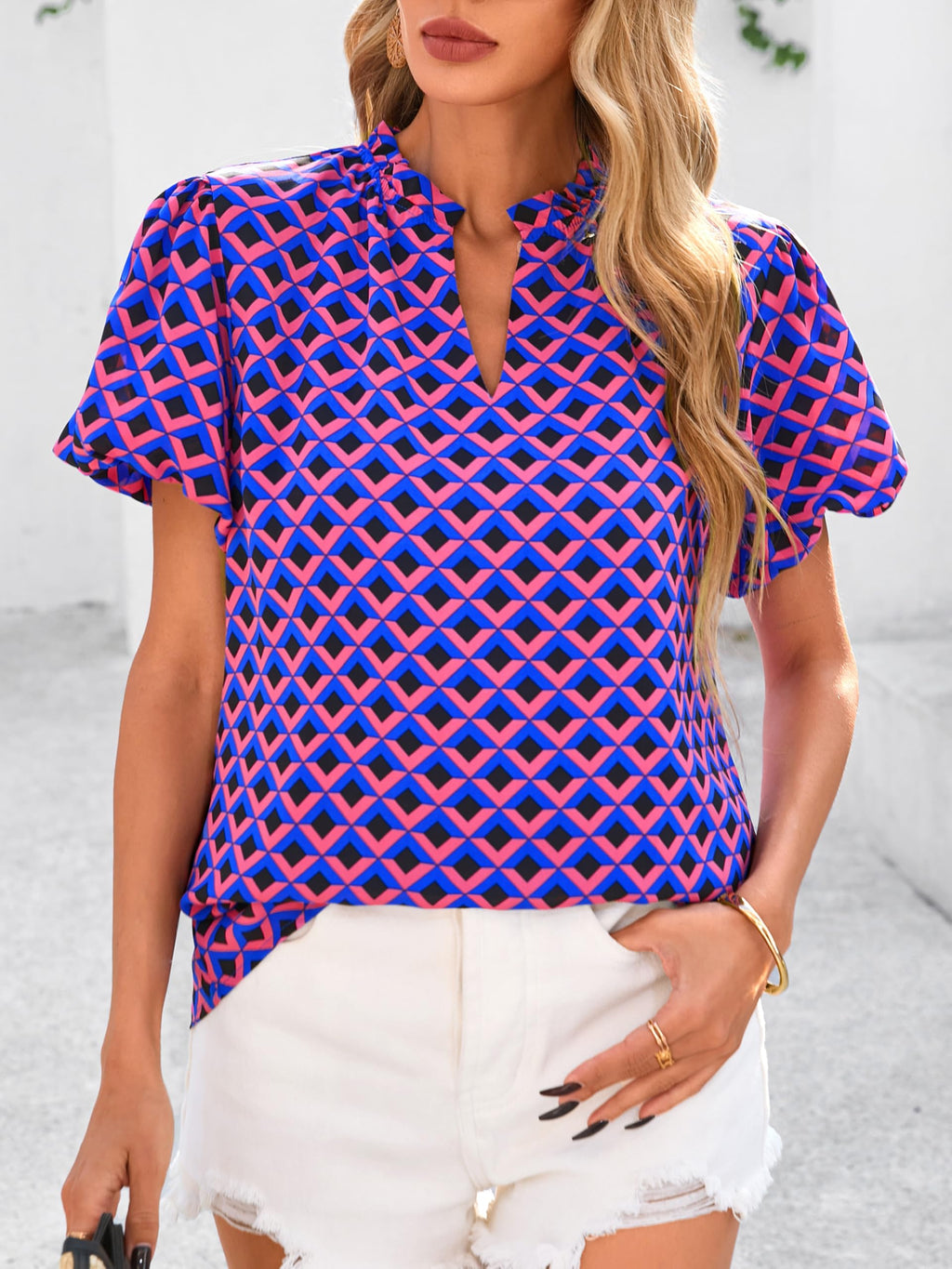 PRETTYGARDEN Boho Short Sleeve Floral Work Blouses for Women Dressy Casual V Neck Puff Sleeve Loose Chiffon Flowy Tops Shirts