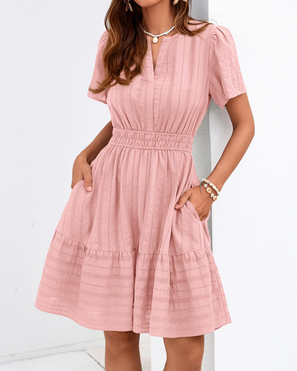 BTFBM Womens Spring  Casual Mini Dresses Lightweight Short Sleeve V Neck Elastic Waist Cute Boho Beach Dress Pockets