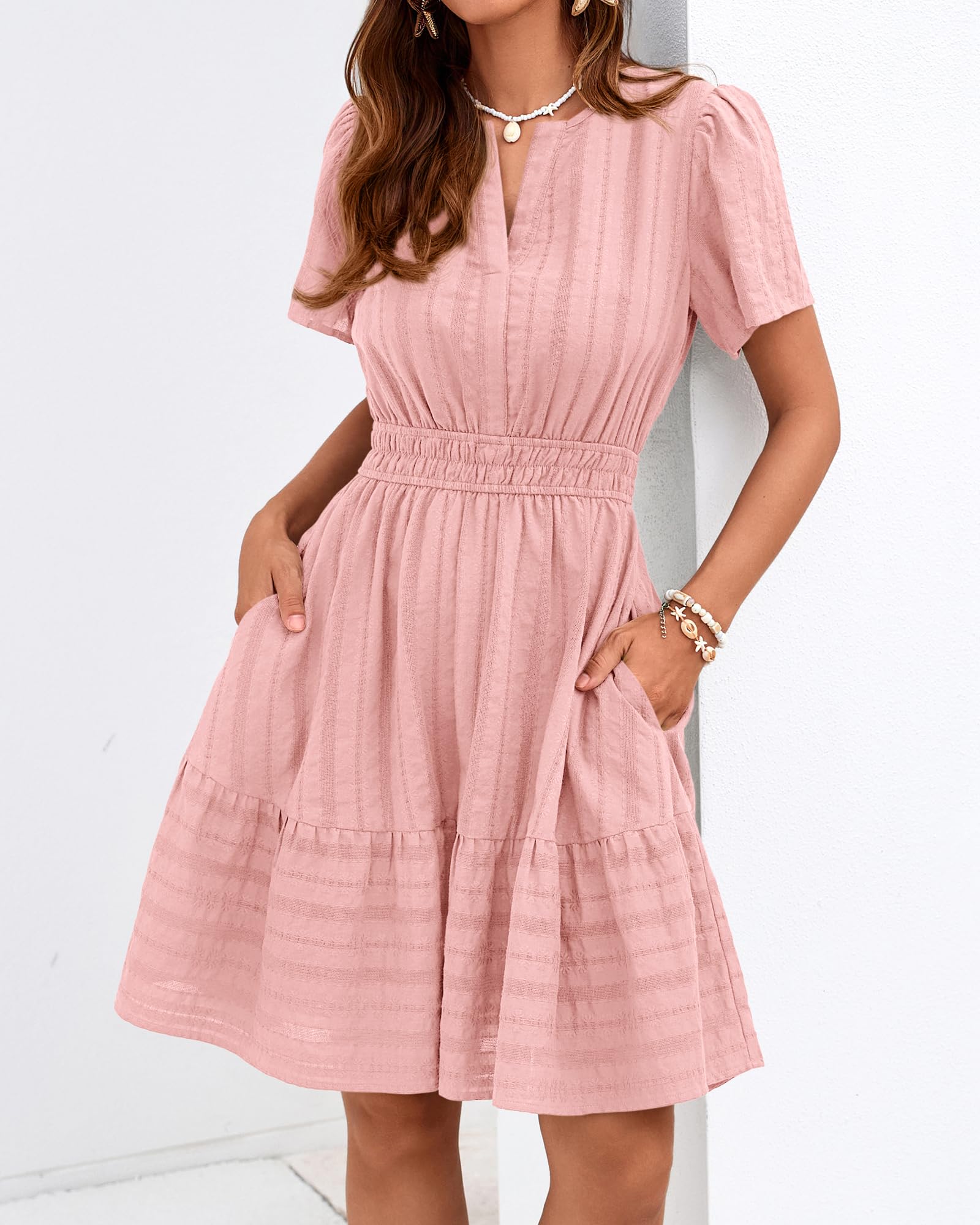BTFBM Womens Spring  Casual Mini Dresses Lightweight Short Sleeve V Neck Elastic Waist Cute Boho Beach Dress Pockets