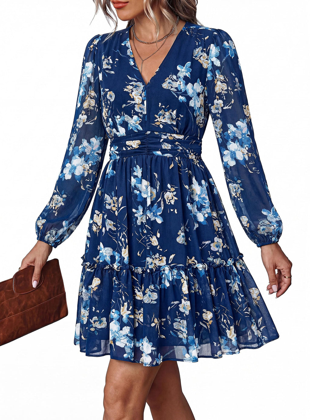 PRETTYGARDEN Women Floral Long Sleeve Mini Dress | Fall Wedding Guest Dresses, V Neck, Fit & Flare, Ruffle Hem A-Line, Short Chiffon Dress, Elegant Holiday Party, Date Outfits