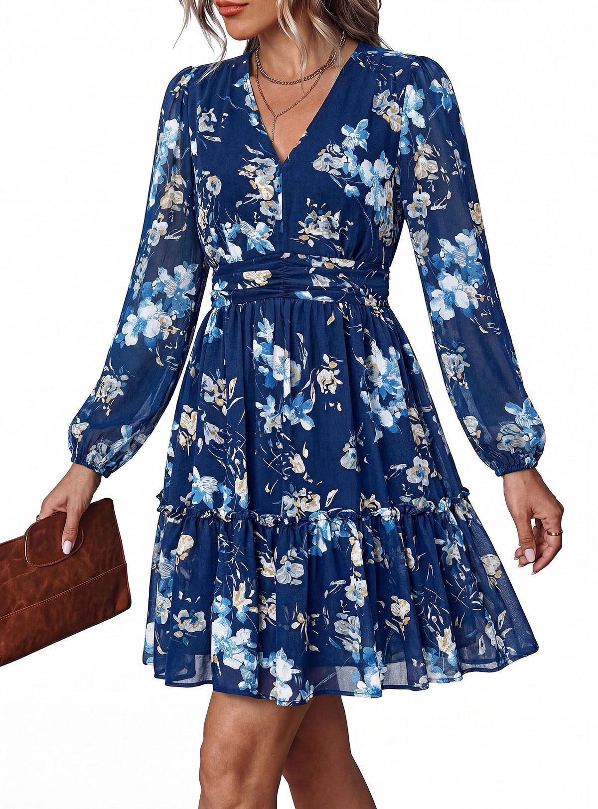 PRETTYGARDEN Women Floral Long Sleeve Mini Dress | Fall Wedding Guest Dresses, V Neck, Fit & Flare, Ruffle Hem A-Line, Short Chiffon Dress, Elegant Holiday Party, Date Outfits