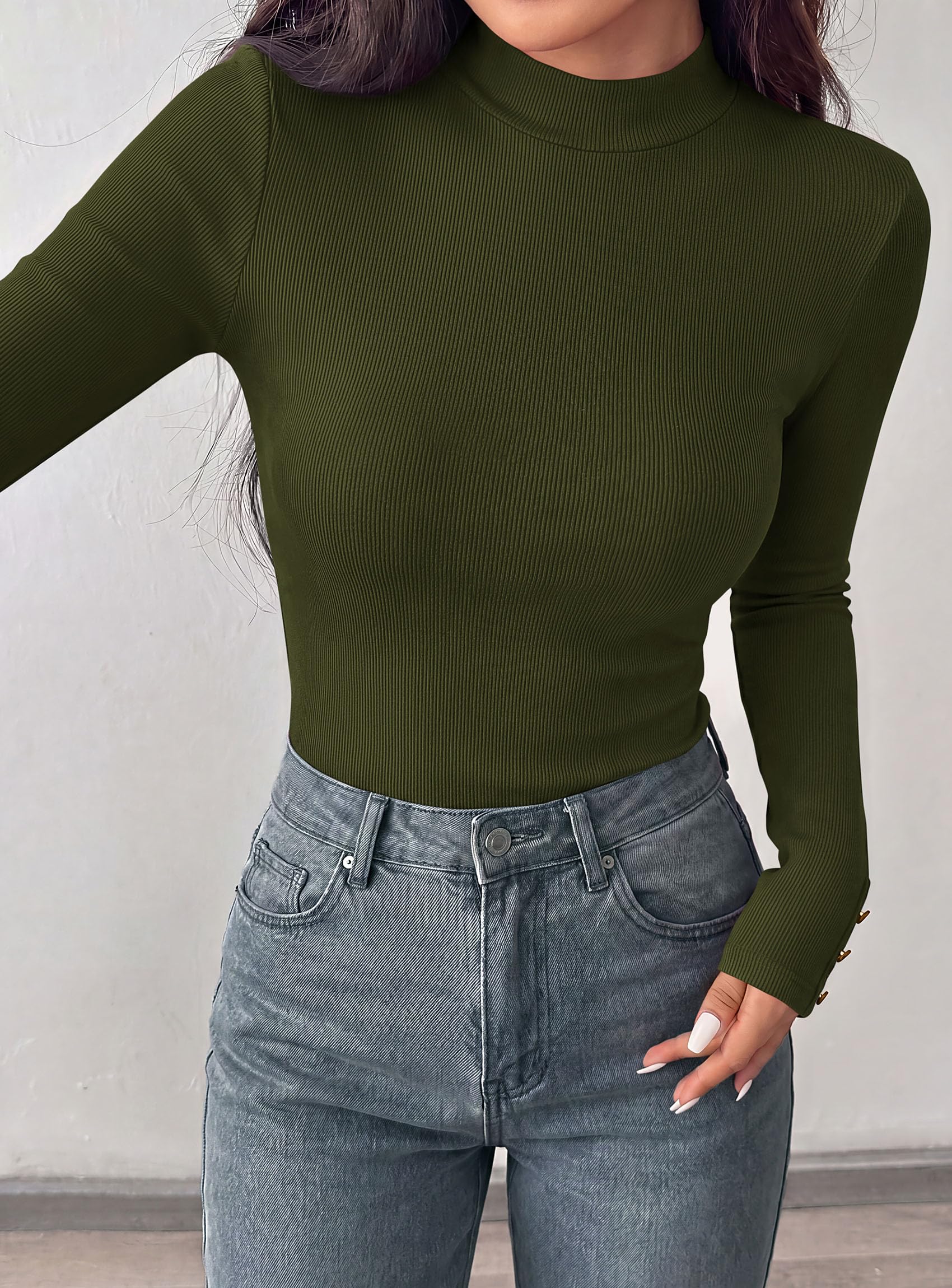 PRETTYGARDEN Women's Ribbed Mock Neck Long Sleeve Tops | Slim Fitted T-Shirts, Soft Stretch, Decorative Buttons, Going Out Work Casual Wear, Fall Outfits Layering Winter Clothes