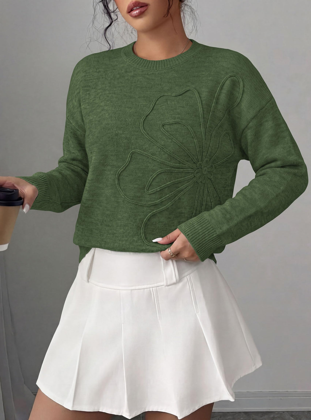 PRETTYGARDEN Women Fall Sweaters Trendy Floral Knit Pullover | Flower Embroidered Tops, Crew Neck, Soft Long Sleeve Shirts, Cozy Winter Layering Clothes for Casual Outing, Holiday Party
