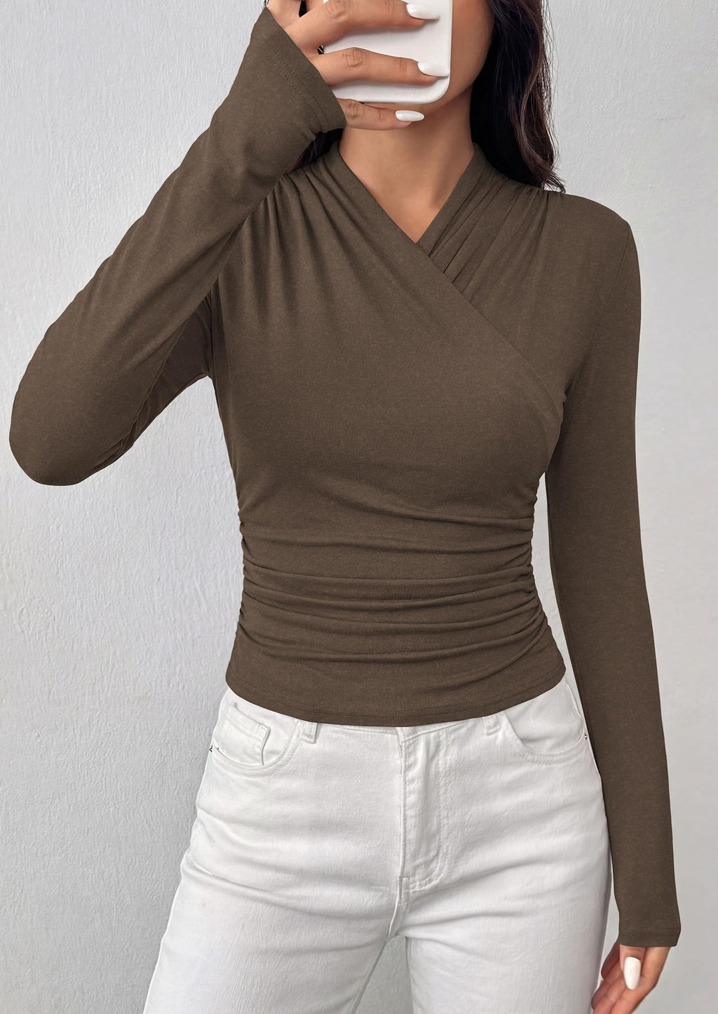 PRETTYGARDEN Womens Long Sleeve Shirts Going Out Wrap Top | Soft Heathered Stretchy Viscose Fitted Blouse, V Neck Ruched Waist Dressy Tops, Office Business Casual Fall Winter Daily Wear
