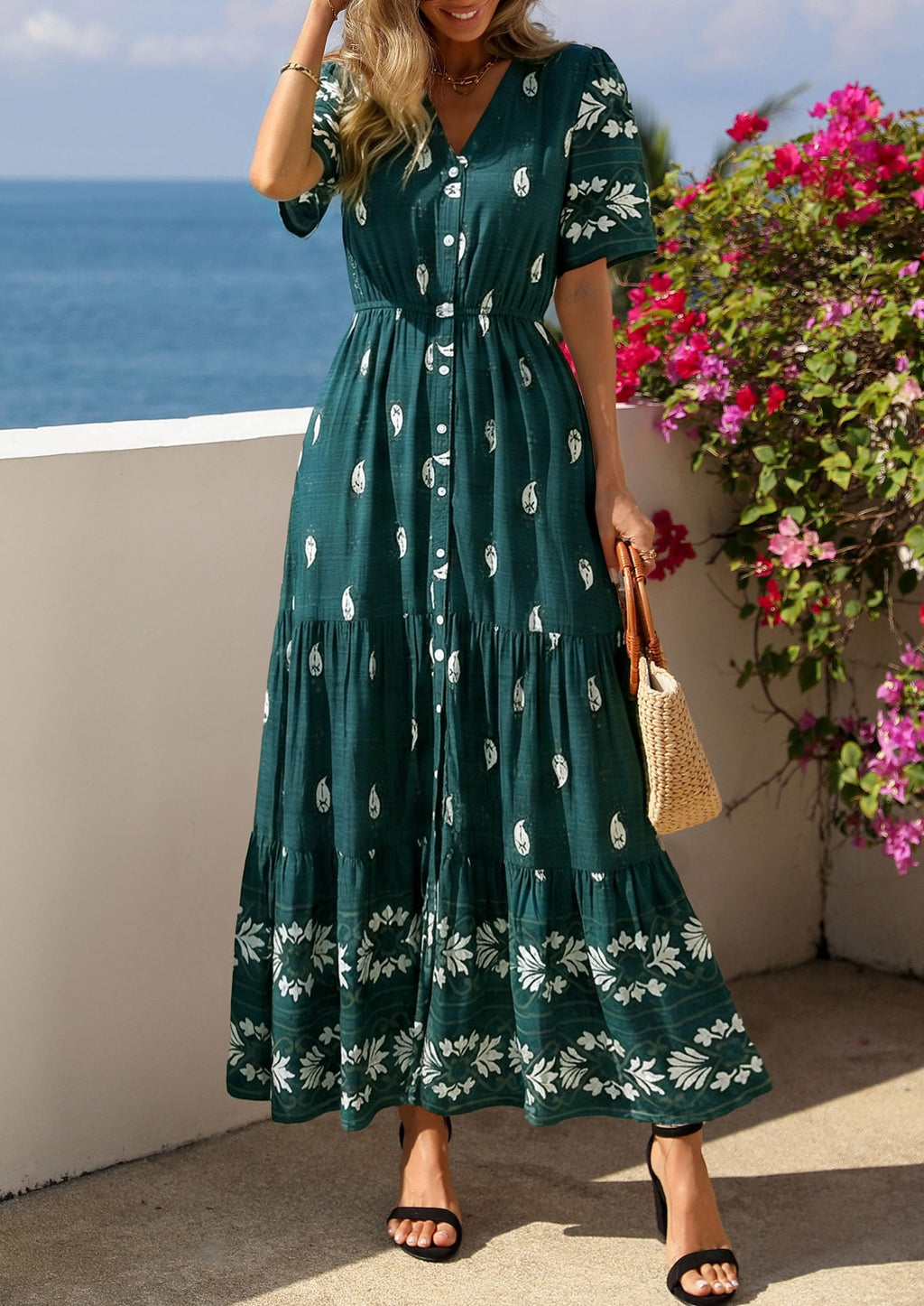 PRETTYGARDEN Womens Summer Boho Maxi Dress Trendy Short Sleeve V Neck Flowy Beach Floral Dresses with Pockets