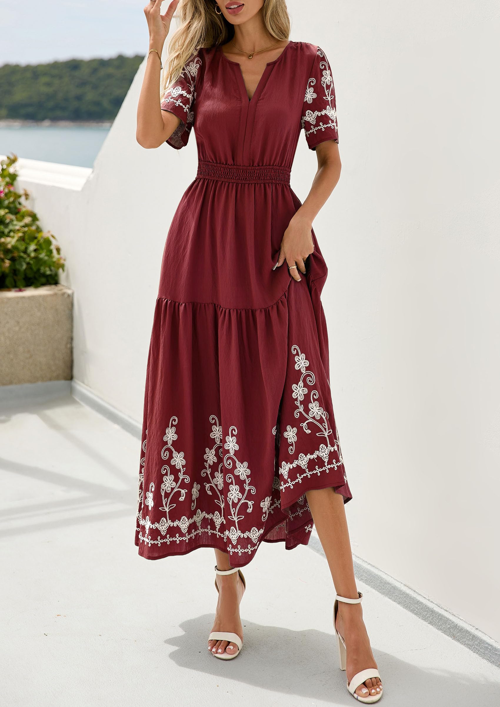 PRETTYGARDEN Women's Summer Boho Maxi Dress Spring Floral Short Sleeve V Neck A Line Flowy Beach Wedding Guest Dresses