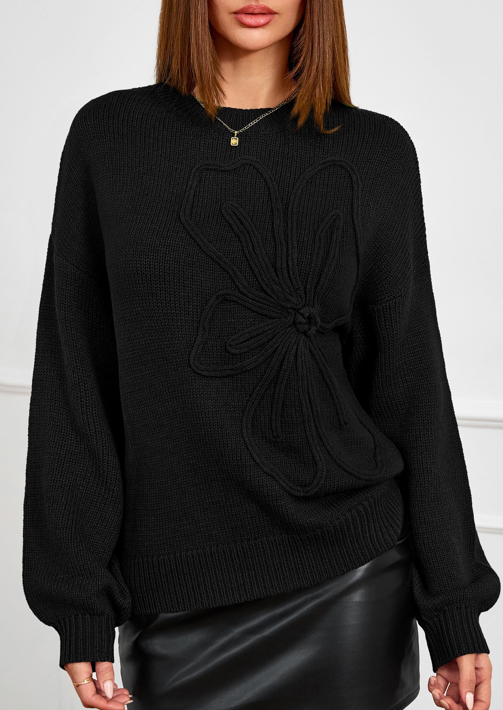 PRETTYGARDEN Womens Sweaters  Fall Fashion Long Sleeve Crewneck Floral Knit Pullover Sweater Tops Winter Clothes