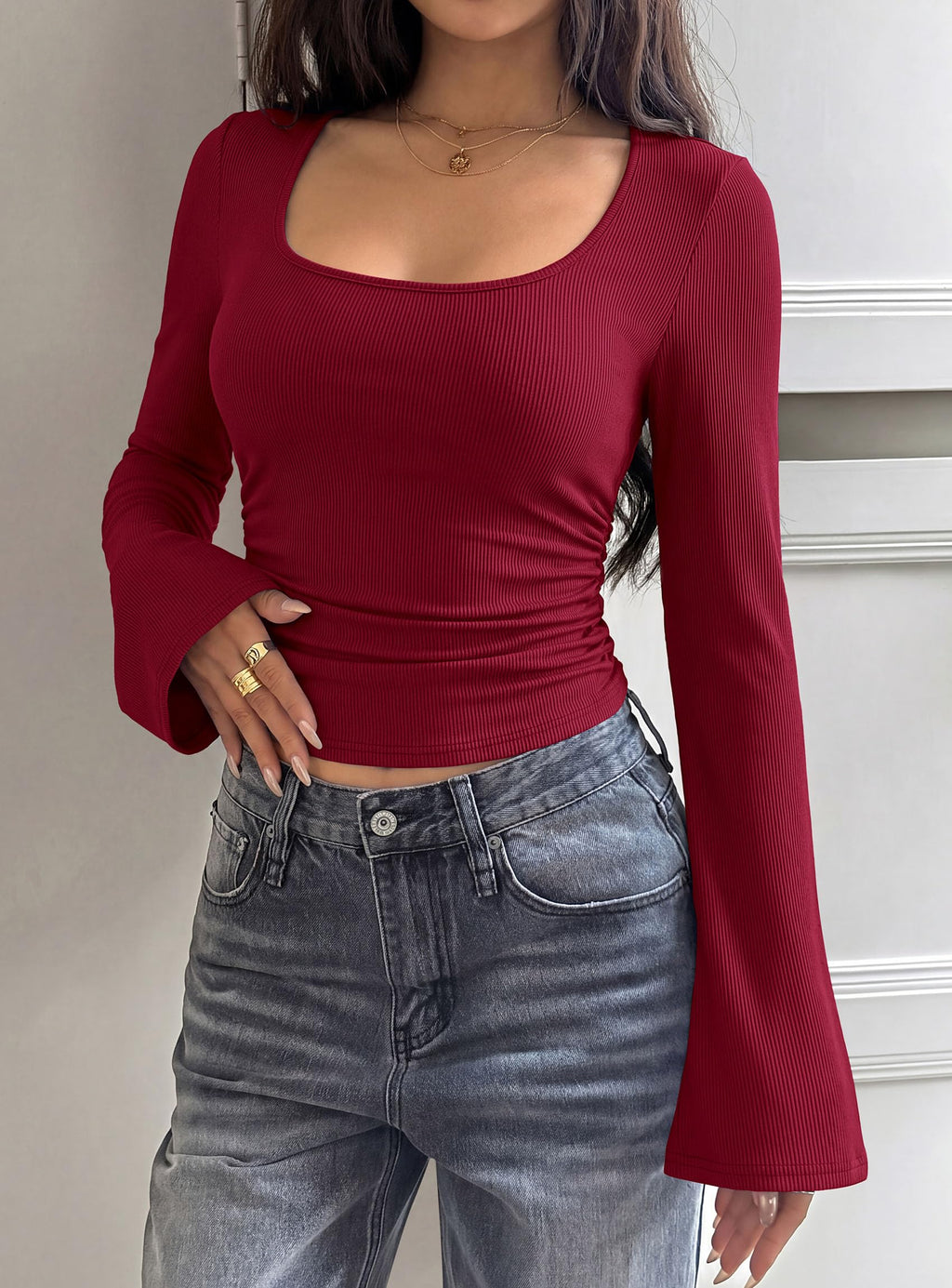 PRETTYGARDEN Womens Bell Long Sleeve Shirts Going Out Tops | Soft Stretchy Ribbed Knit, Square Neck, Slim Fit Y2K Clothes, Trendy Side Ruched, Layering Tee for Casual Fall & Winter Wear
