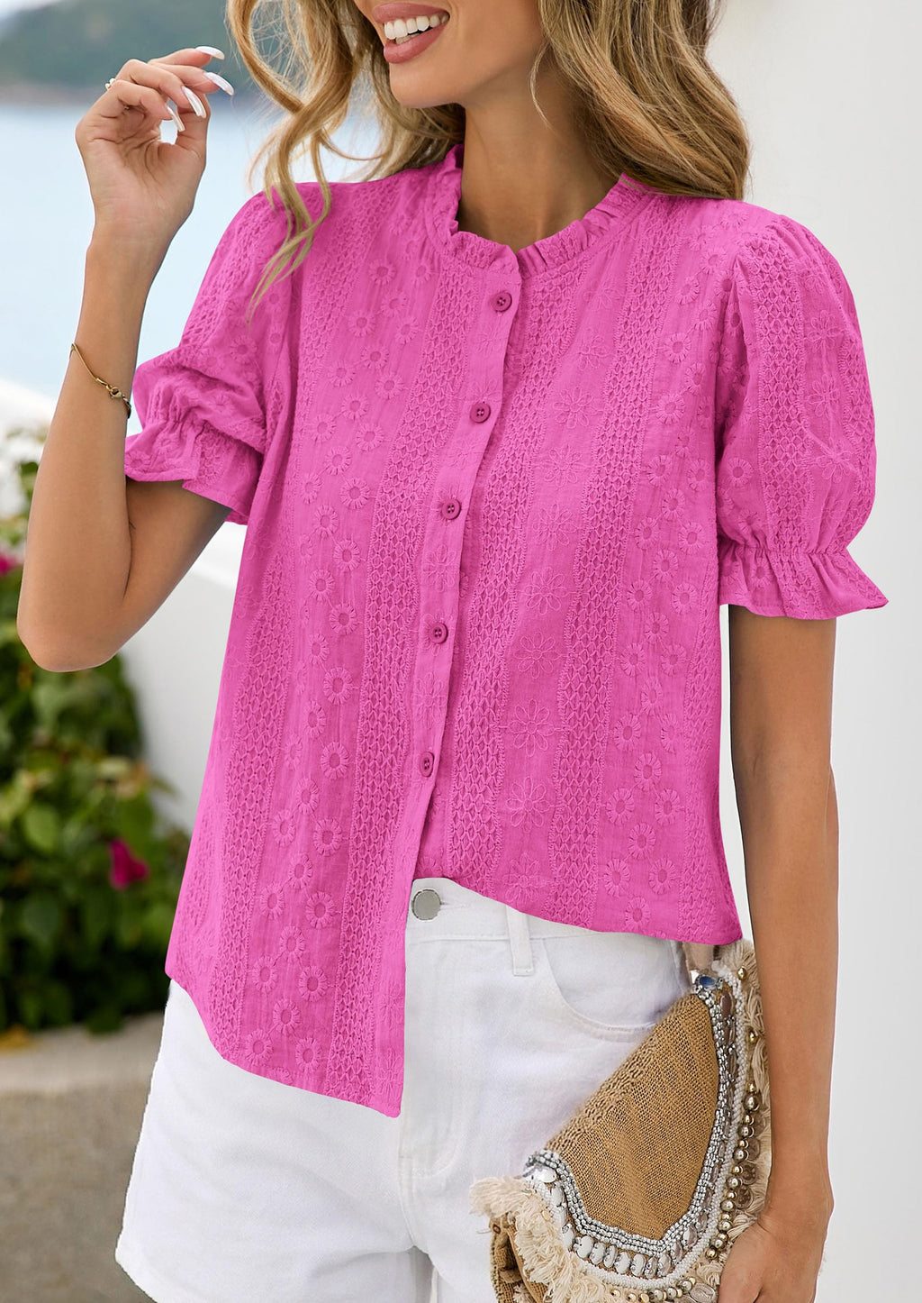 PRETTYGARDEN Womens Puff Short Sleeve Tops  Summer Spring Button Down Boho Embroidered Cute Blouse Dressy Casual Shirts