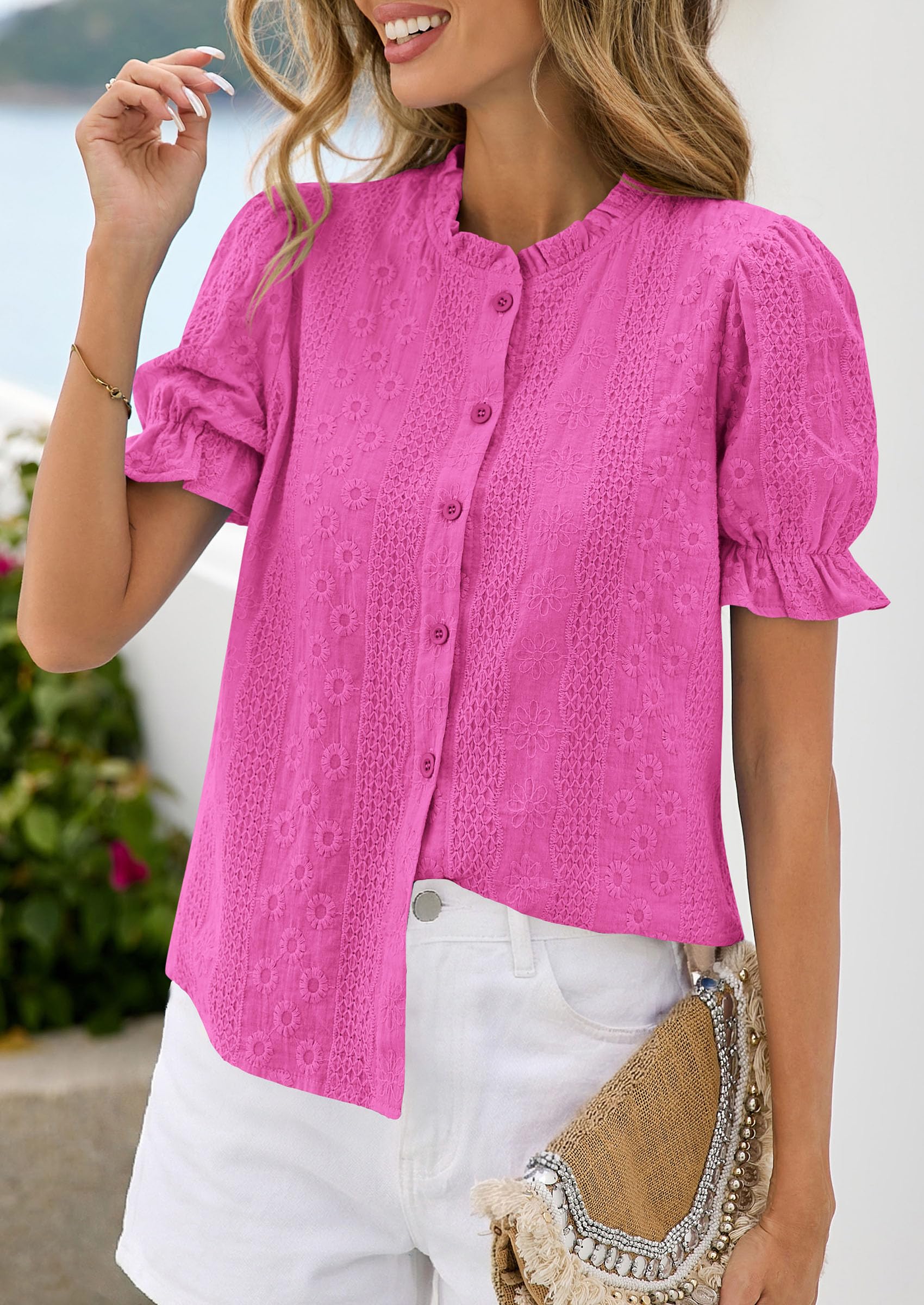 PRETTYGARDEN Womens Puff Short Sleeve Tops  Summer Spring Button Down Boho Embroidered Cute Blouse Dressy Casual Shirts