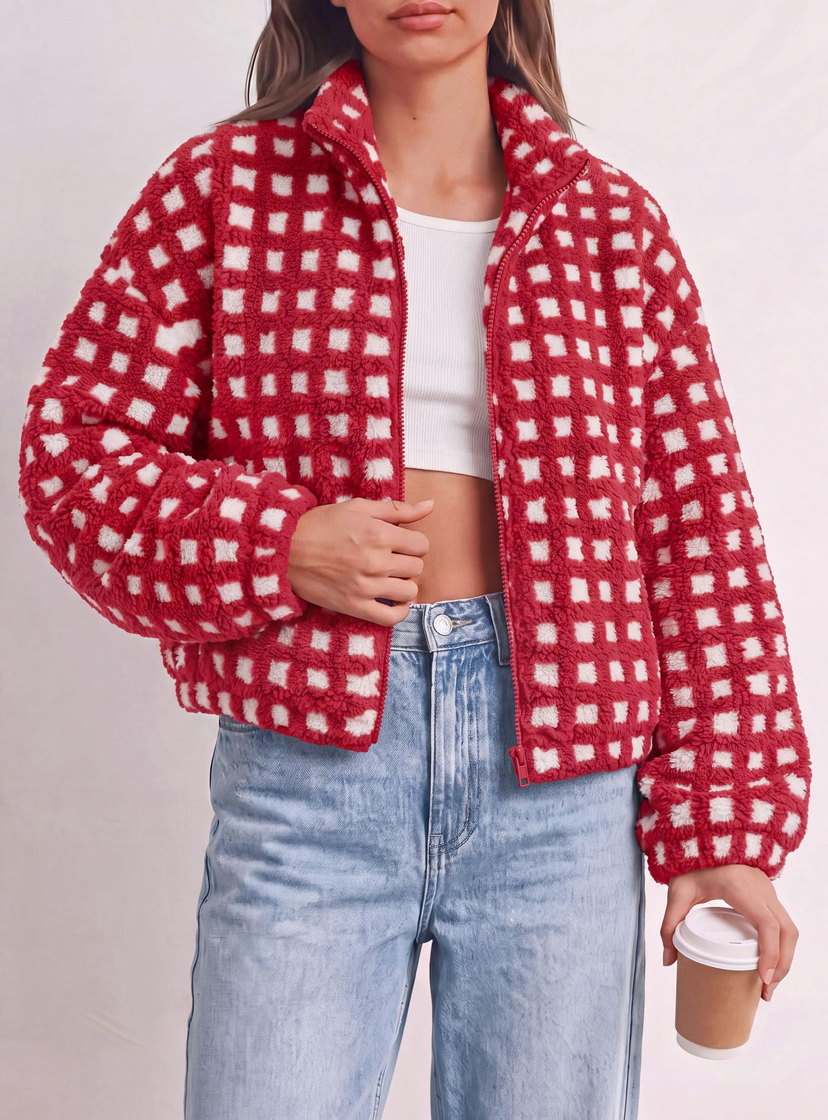 PRETTYGARDEN Women's Gingham Sherpa Fleece Jacket Plaid Cropped Teddy Coat Trendy Y2K Winter Jacket, Zip Up Stand Collar, Side Pockets, Fall Outfit for Casual Daily, Going Out, Streetwear, Outdoor