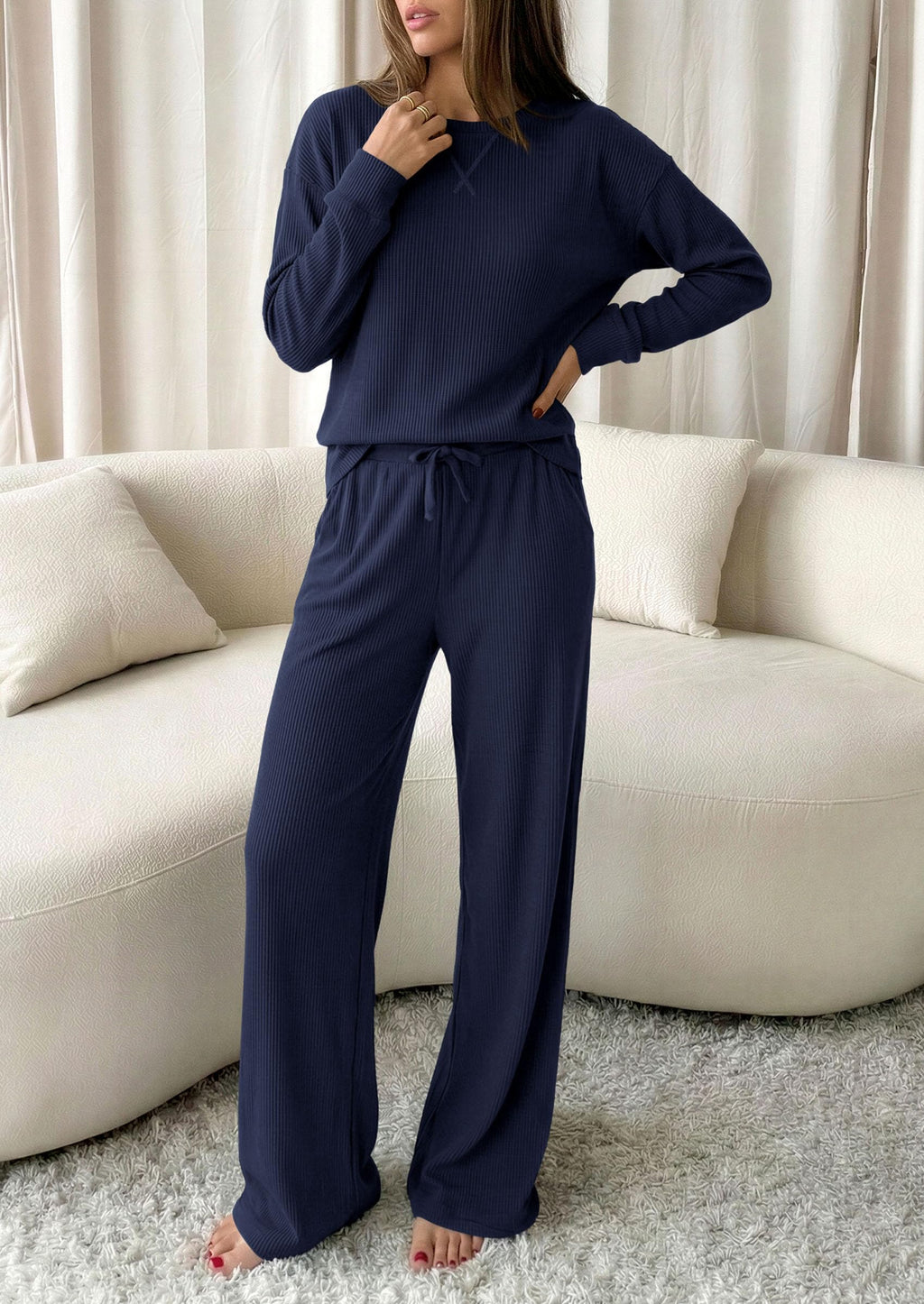 PRETTYGARDEN Sweatsuits Women 2 Piece Airport Travel Outfits | Ribbed Knit Lounge Sets, Casual Athleisure Wear, Matching Long Sleeve Shirts & Wide Leg Pants Pockets, Fall Winter Clothes