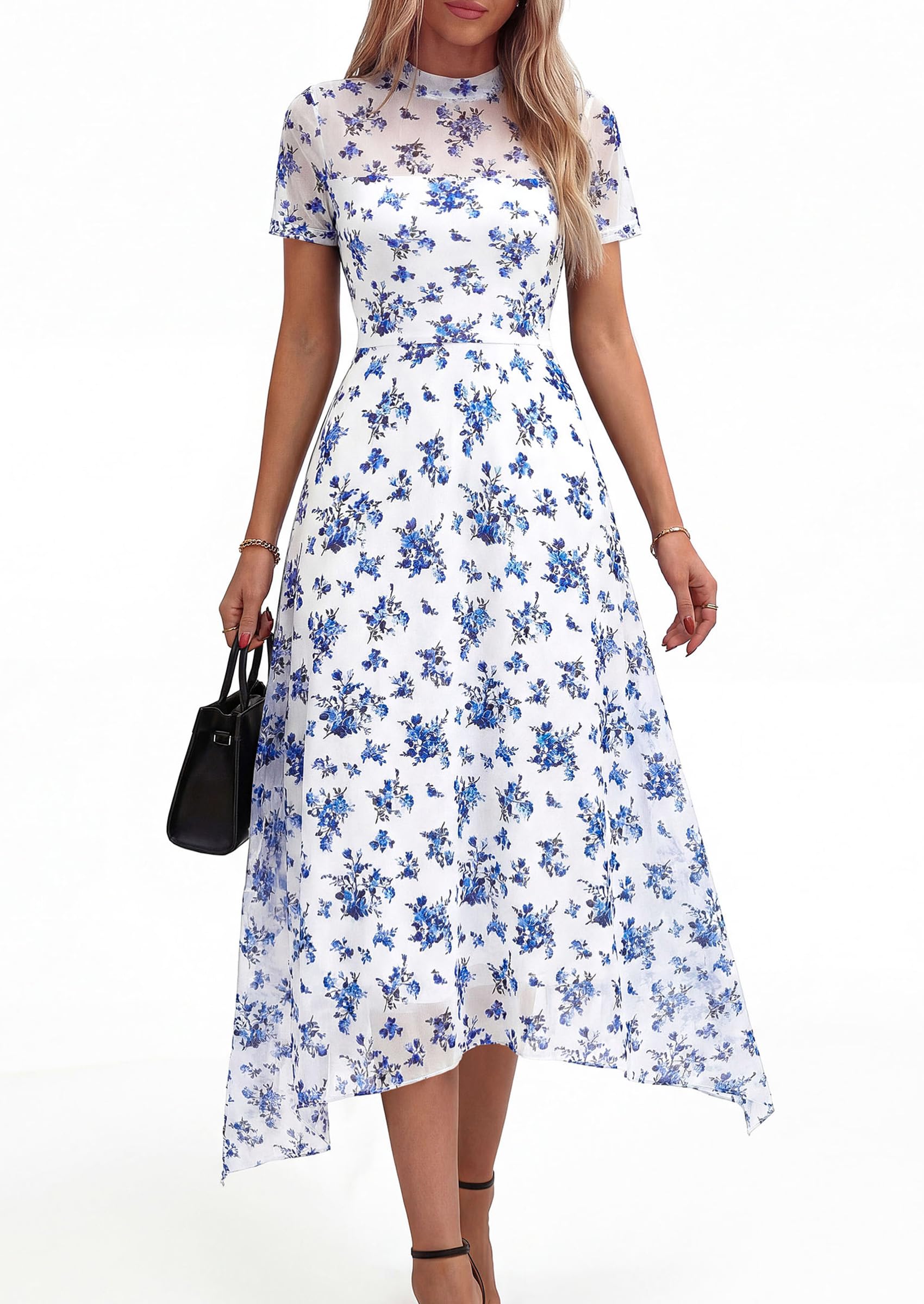 PRETTYGARDEN Cocktail Dresses for Women  Summer Short Sleeve Floral Mesh Sheer Midi Party Wedding Guest Dress