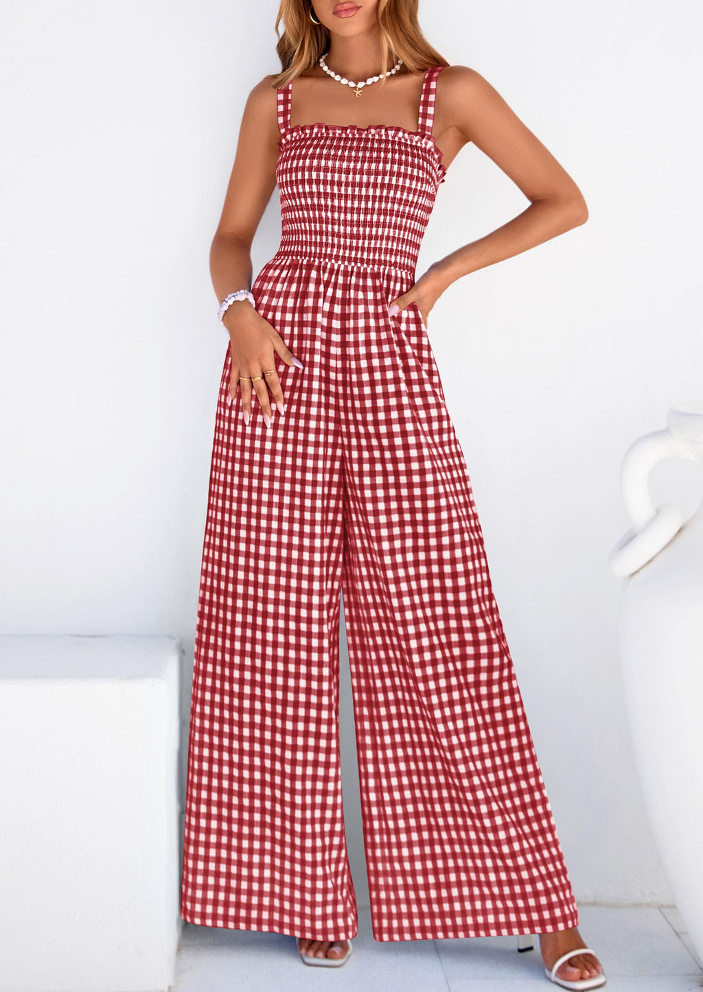 PRETTYGARDEN One Piece Jumpsuits for Women Casual Summer Cruise Outfits  Spring Fashion Smocked Wide Leg Gingham Rompers