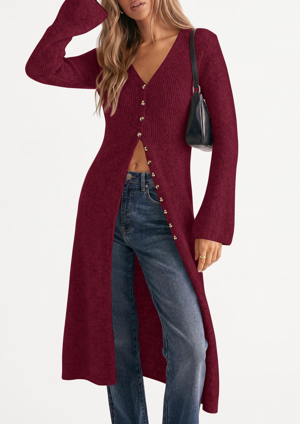 PRETTYGARDEN Women Long Cardigan Bell Sleeve Sweater Dress Early Fall Fashion, V Neck Button Down Coats, Fit and Flare, Duster Sweater, Acrylic Cotton Blend