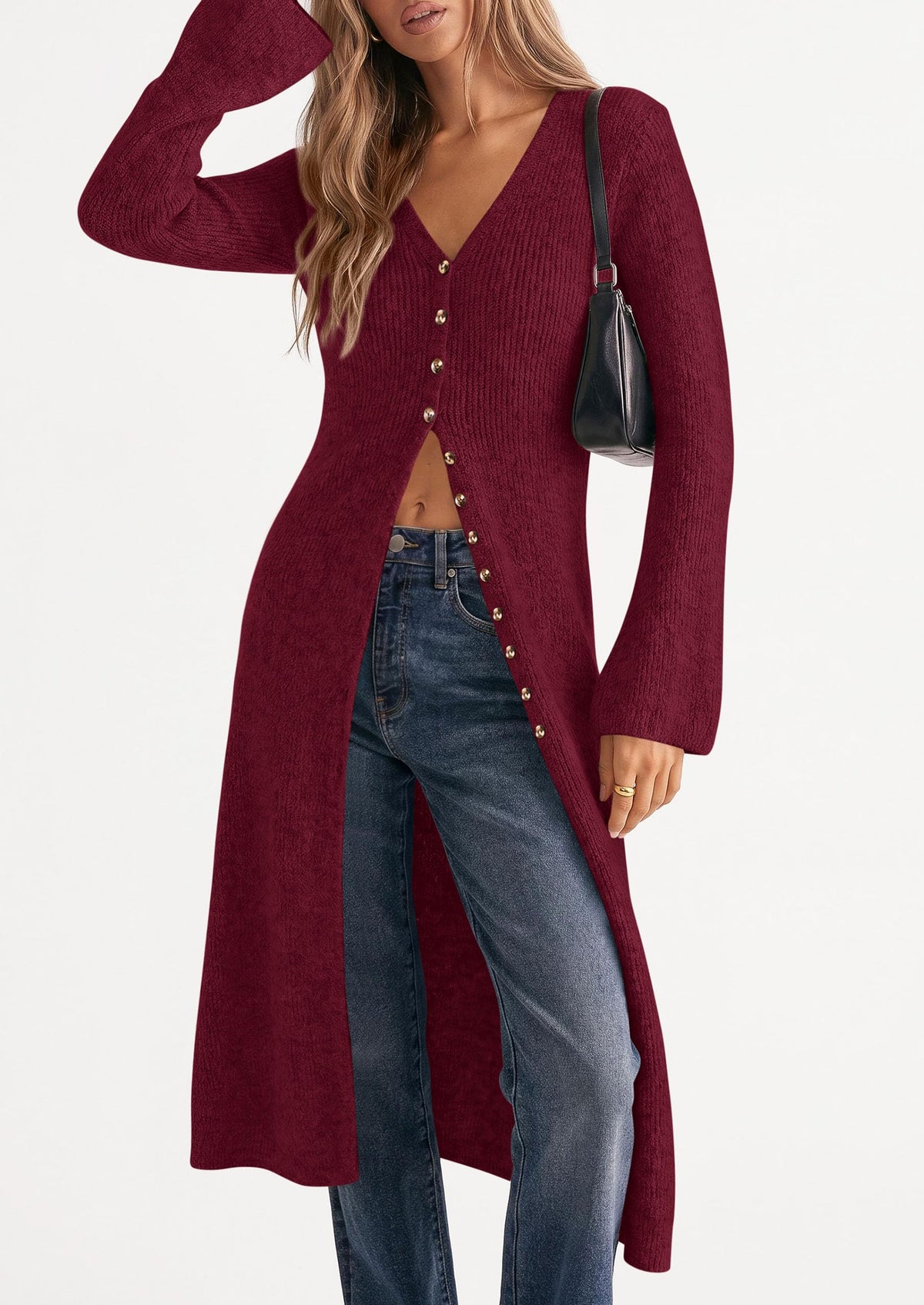 PRETTYGARDEN Women Long Cardigan Bell Sleeve Sweater Dress Early Fall Fashion, V Neck Button Down Coats, Fit and Flare, Duster Sweater, Acrylic Cotton Blend