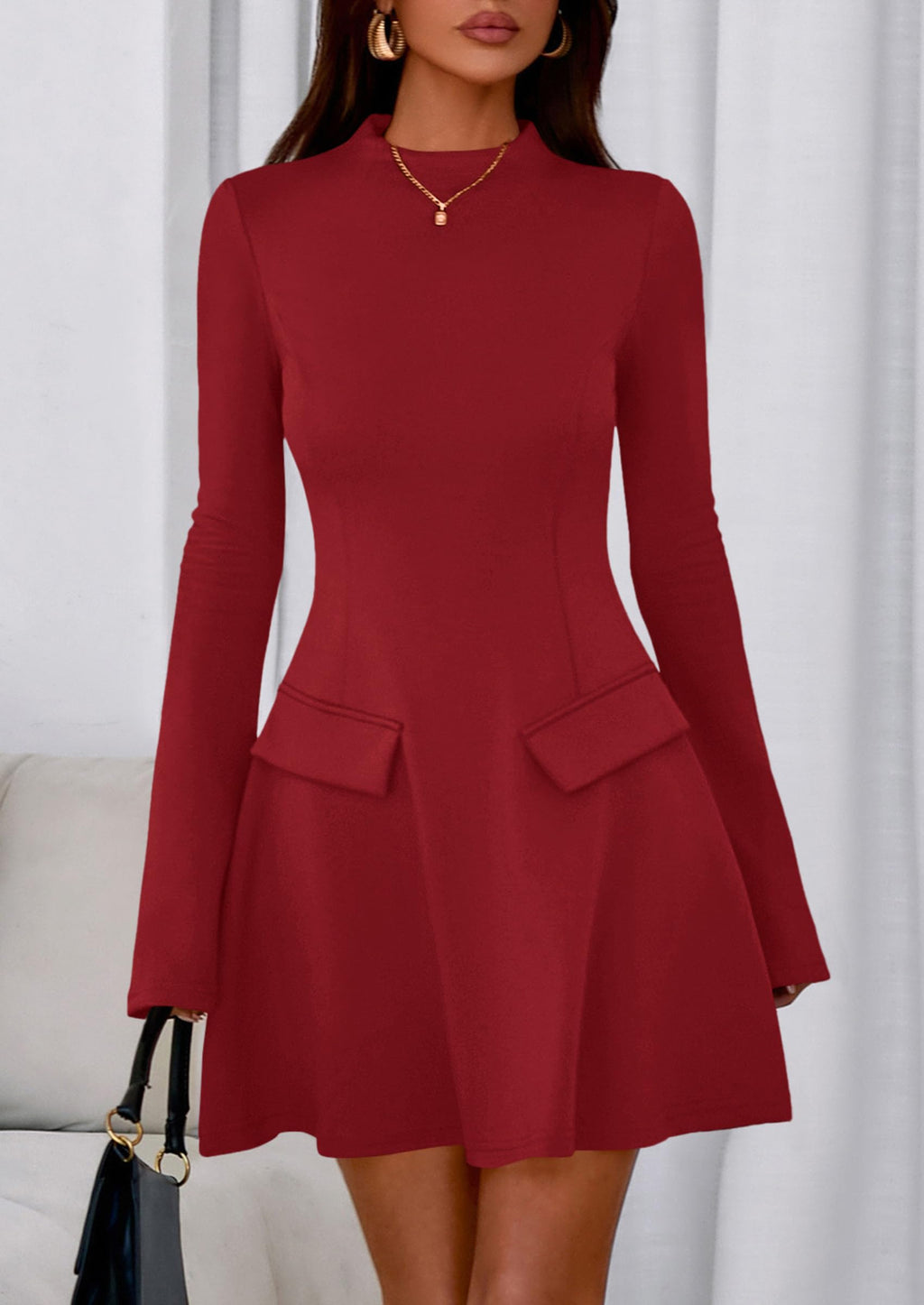 PRETTYGARDEN Women's Elegant Holiday Short Dress  Fall Bell Long Sleeve Mock Neck Work Business Casual Party Mini Dress