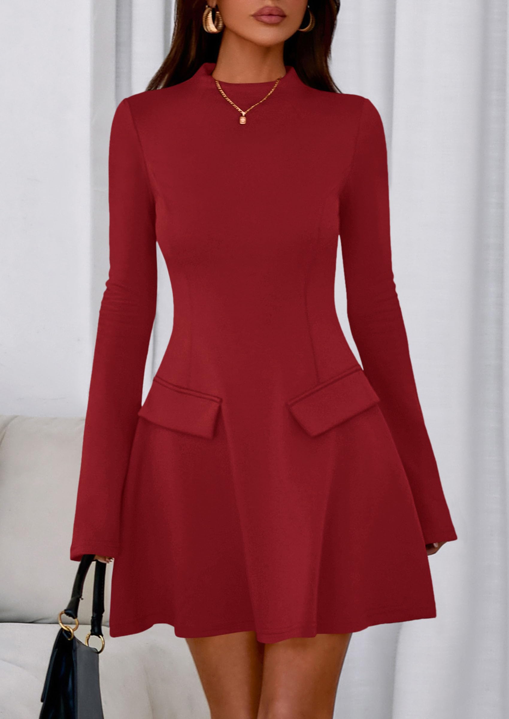 PRETTYGARDEN Women's Elegant Holiday Short Dress  Fall Bell Long Sleeve Mock Neck Work Business Casual Party Mini Dress