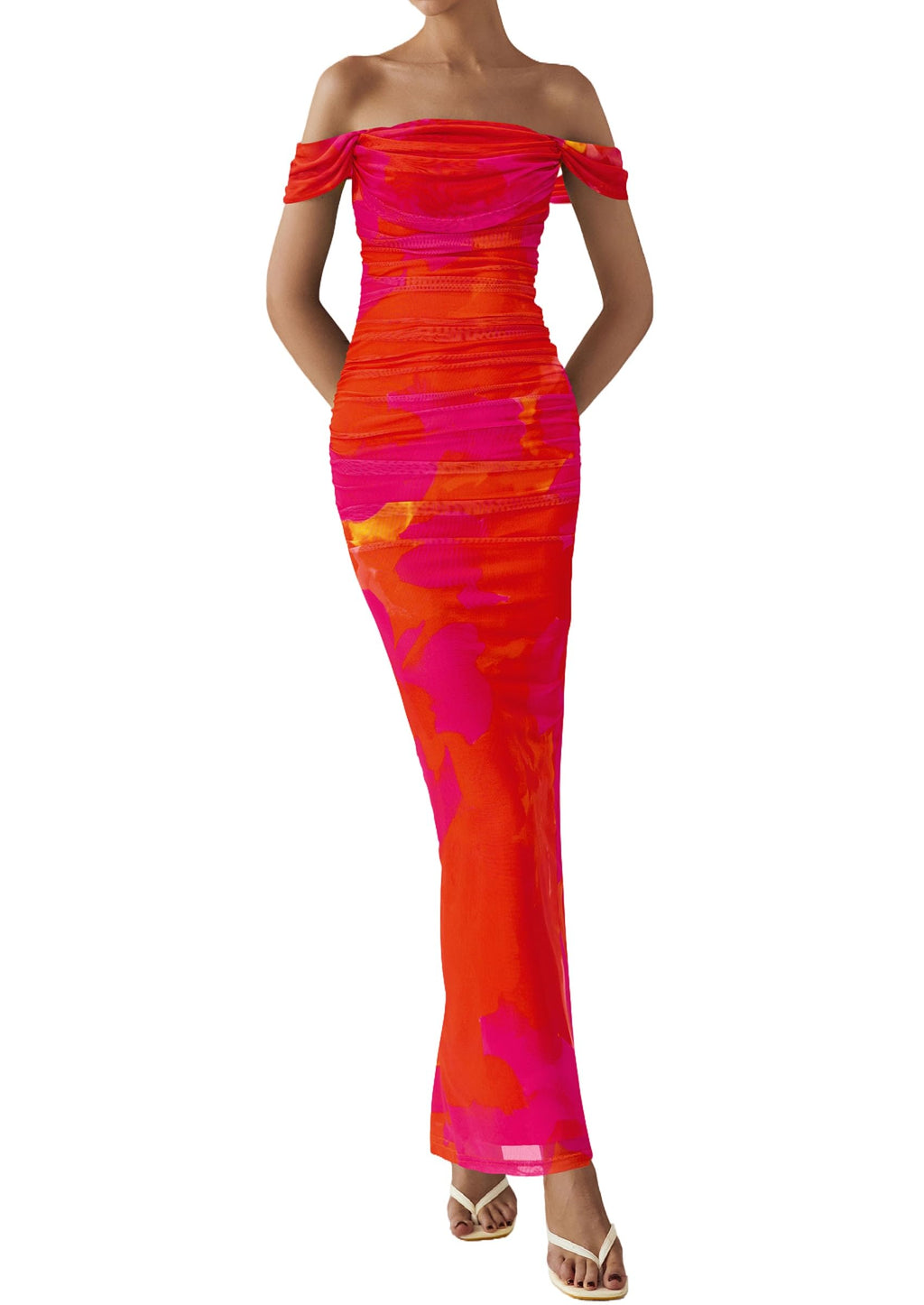 PRETTYGARDEN Cocktail Dresses for Women Summer Floral Off Shoulder Ruched Mesh Elegant Wedding Guest Maxi Dress