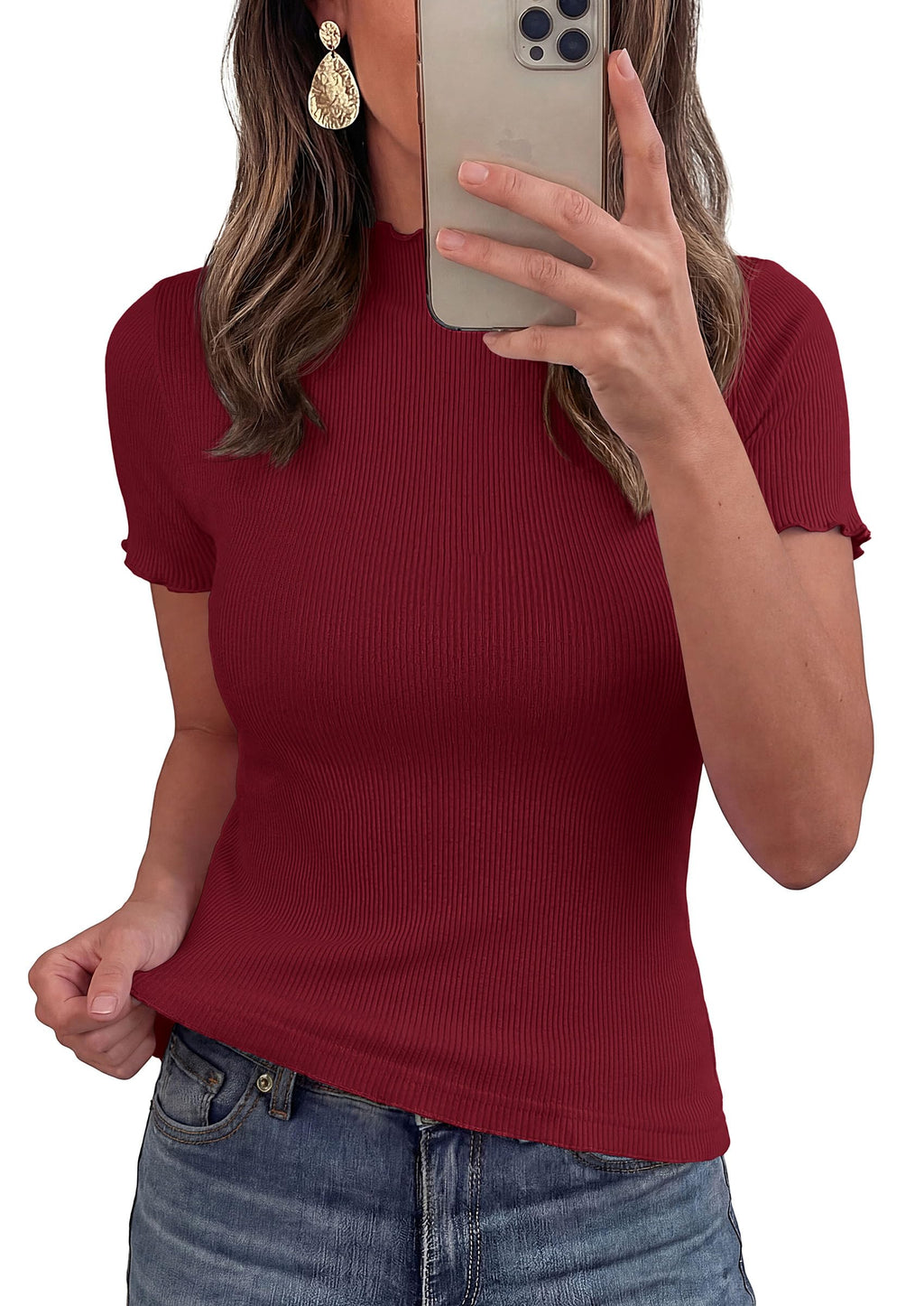 PRETTYGARDEN Short Sleeve T Shirts for Women Summer Clothes  Casual Spring Tops Ruffle Mock Neck Ribbed Fitted Basic Tees
