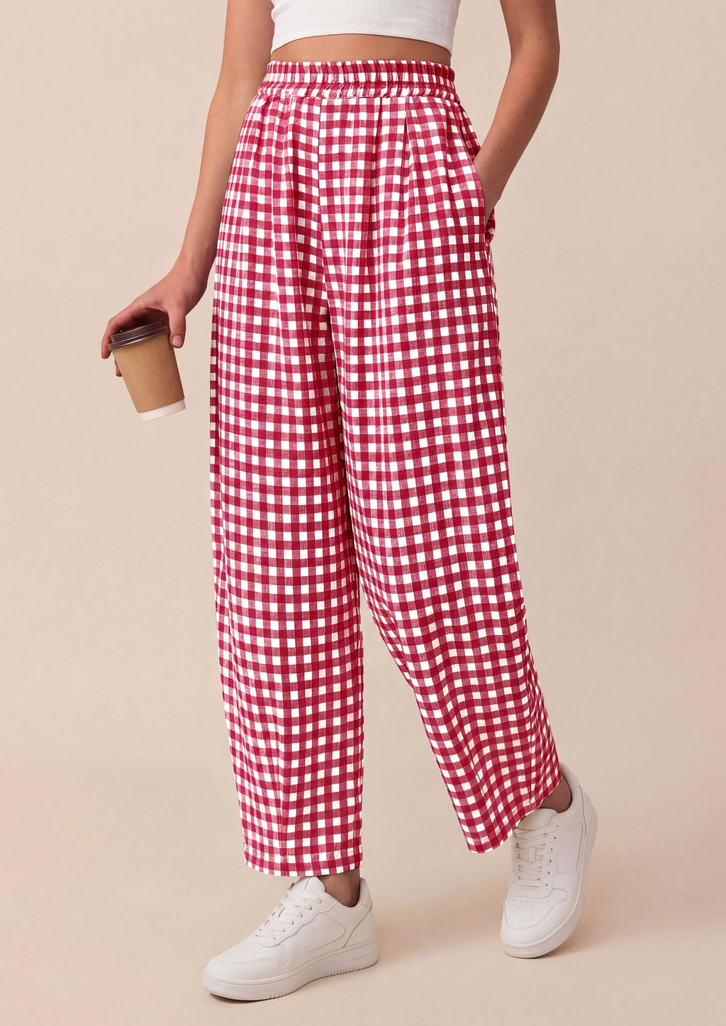 PRETTYGARDEN Plaid Barrel Pants Women Summer Casual Loose Wide Leg Lounge Gingham Trousers Spring Fashion Beach Bottoms