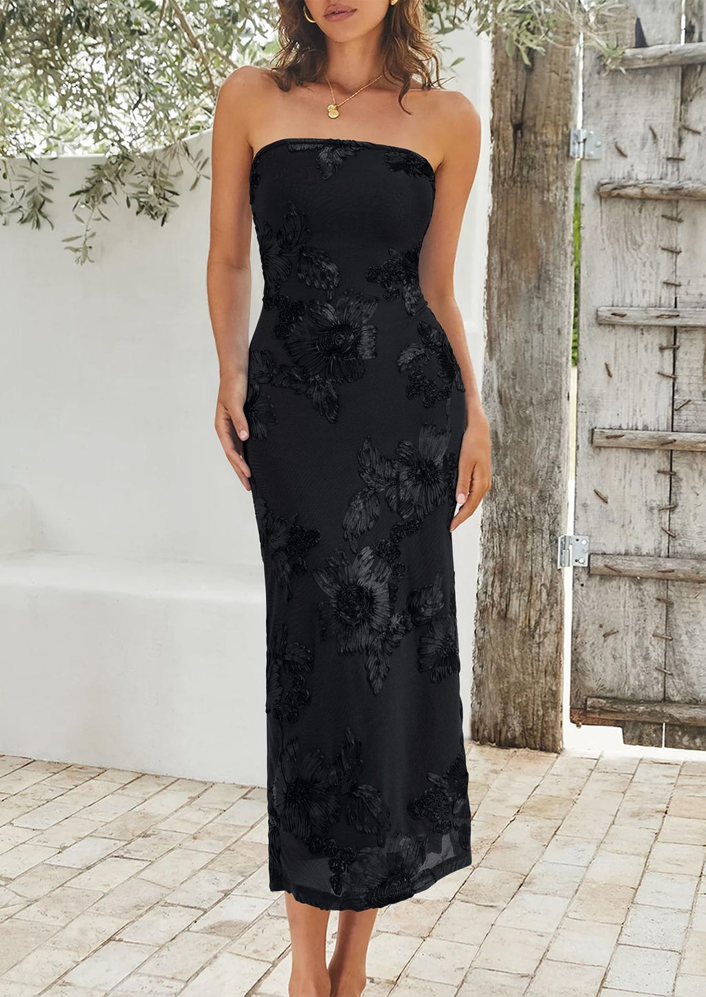 PRETTYGARDEN Women's Summer Wedding Guest Floral Midi Dress Strapless Tube Top, Side Slit, Bodycon Mesh, Elegant Cocktail Dresses for Homecoming Party, Birthday, Dinner, Formal Gowns