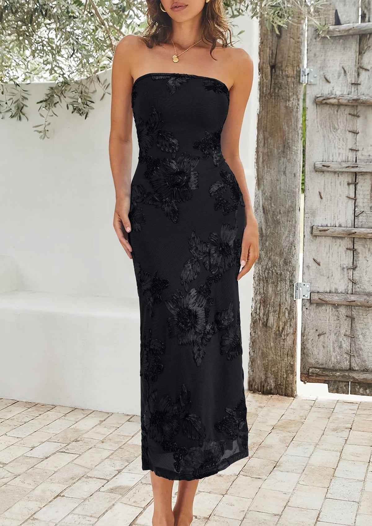 PRETTYGARDEN Women's Summer Wedding Guest Floral Midi Dress Strapless Tube Top, Side Slit, Bodycon Mesh, Elegant Cocktail Dresses for Homecoming Party, Birthday, Dinner, Formal Gowns