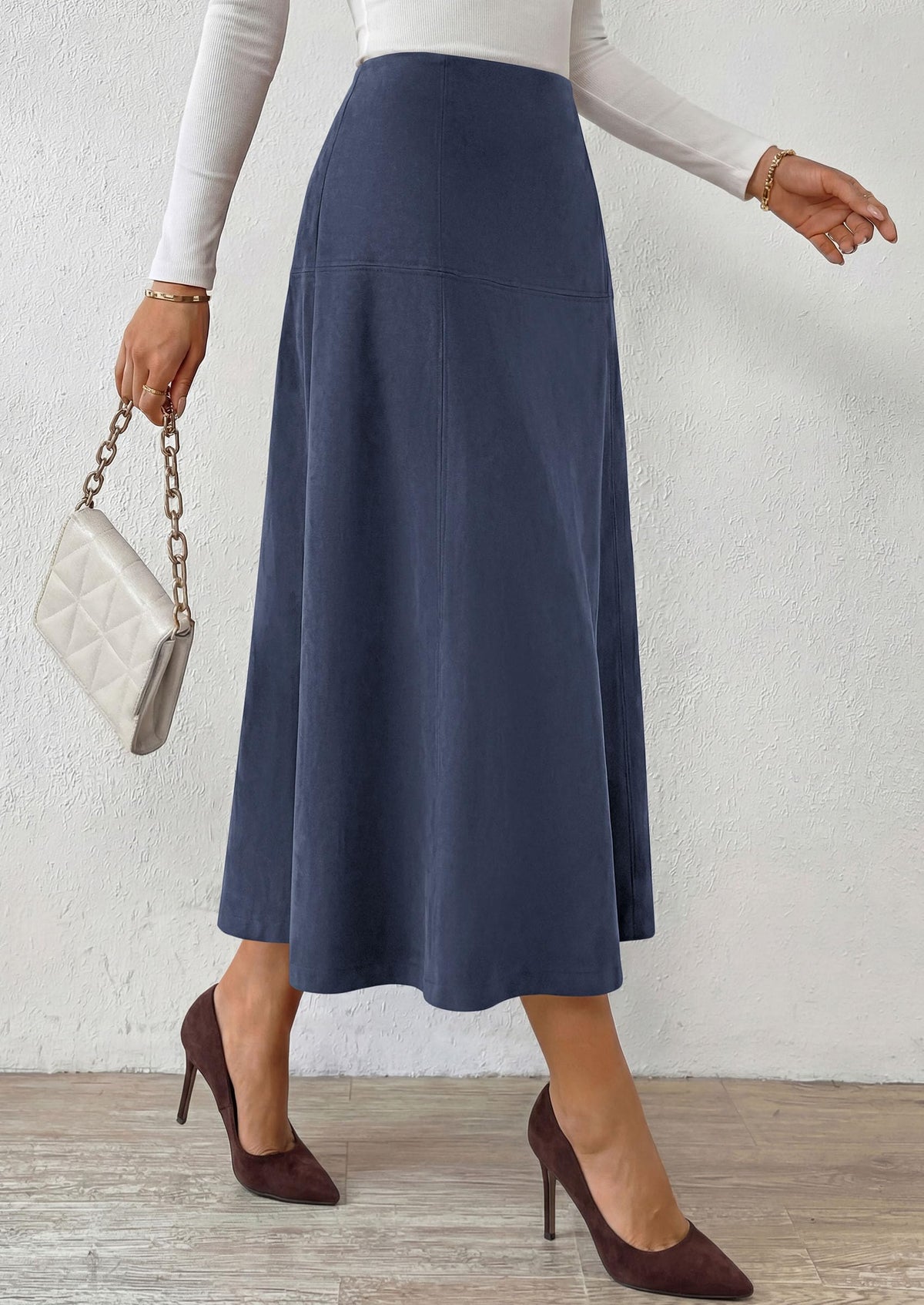 PRETTYGARDEN Womens High Waist Faux Suede A Line Midi Skirt | Hidden Stretch Elastic Waist, Front Back Panel Stitching, Vintage Elegant Mid-Calf Long Skirts for Fall Winter Office Daily