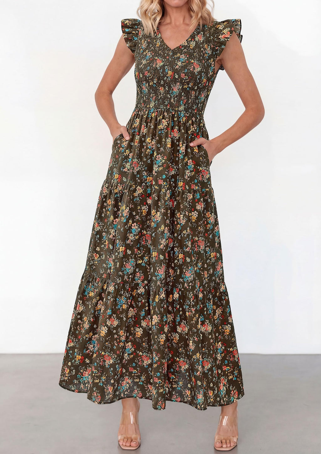 PRETTYGARDEN Women's Boho Floral Maxi Dress Summer Smocked V Neck Ruffle Sleeve Spring Flowy Beach Vacation Sundresses