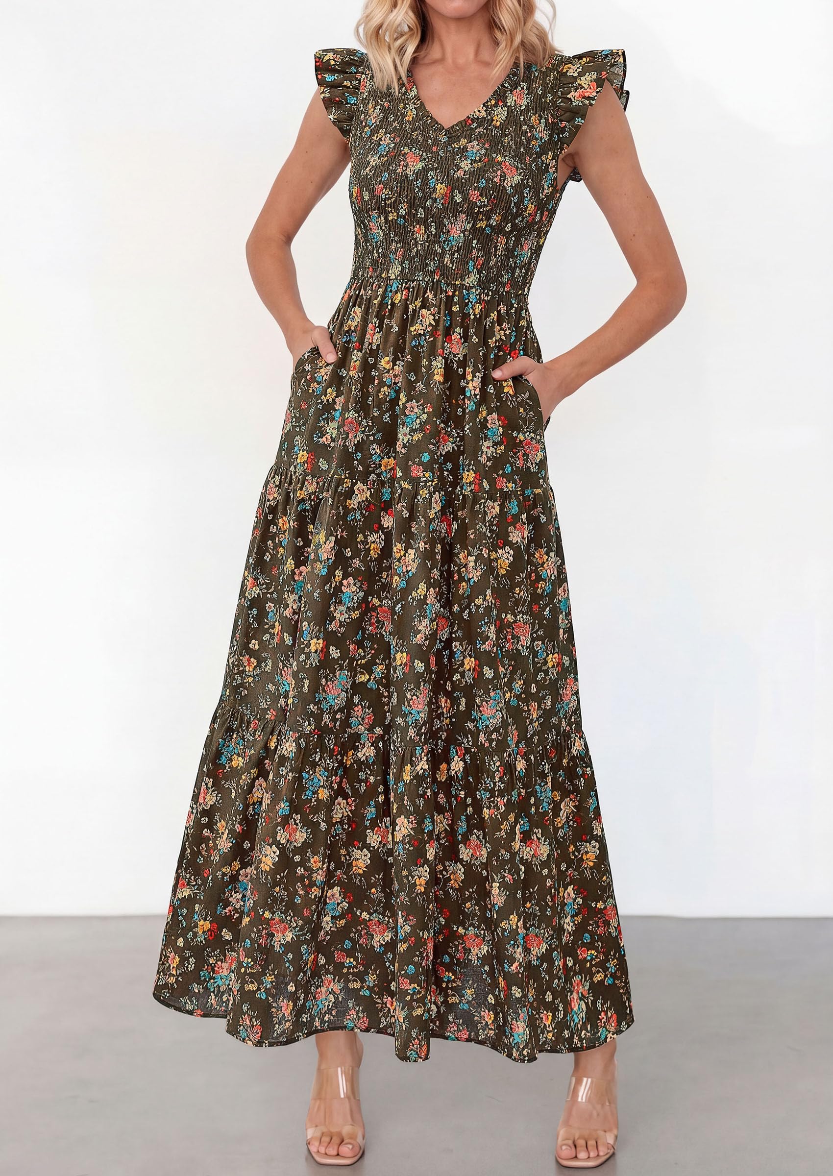 PRETTYGARDEN Women's Boho Floral Maxi Dress Summer Smocked V Neck Ruffle Sleeve Spring Flowy Beach Vacation Sundresses