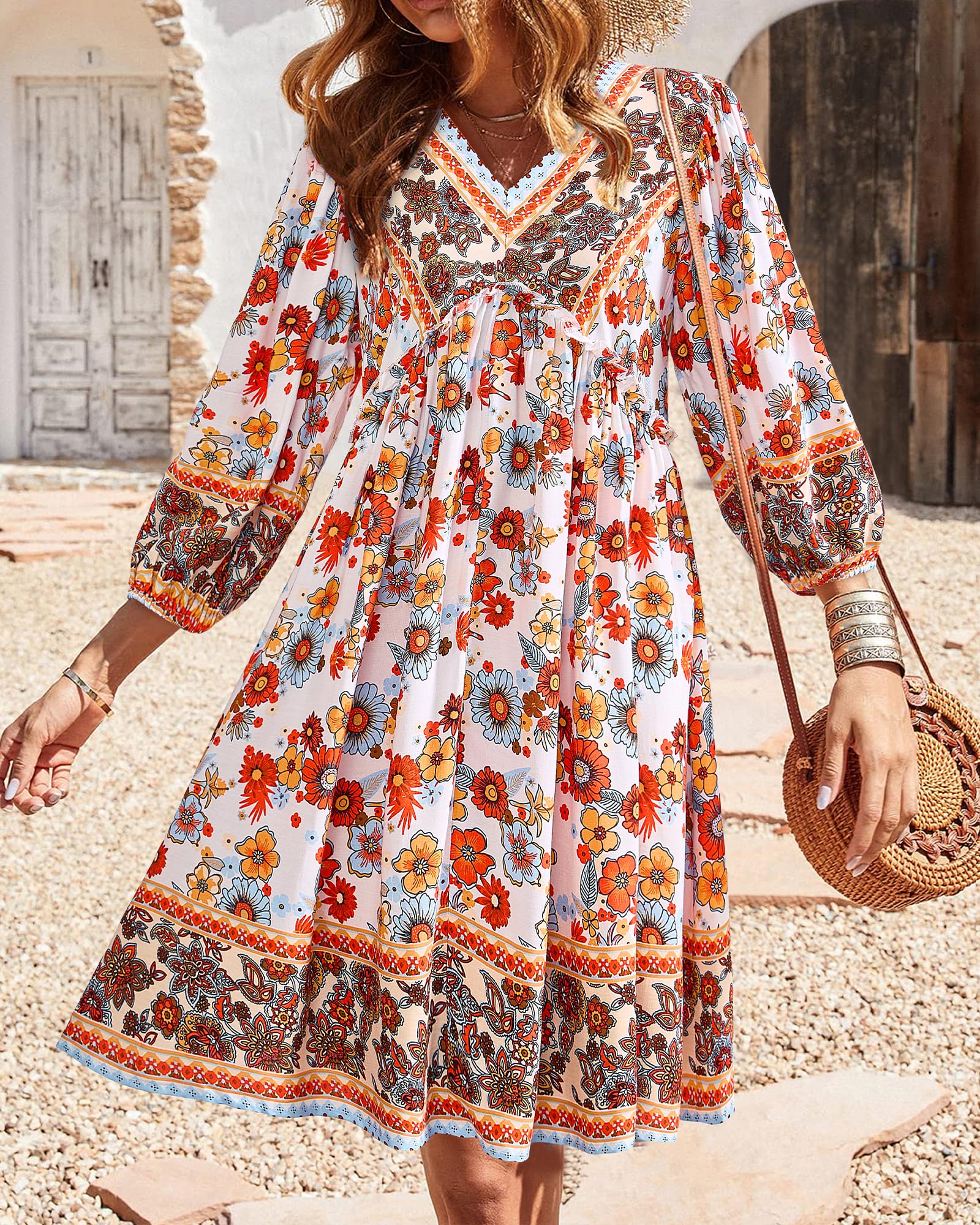 BTFBM Women Casual Spring Summer Dresses V Neck 3/4 Long Sleeve Ruffle Floral Flowy Boho Babydoll Mini Short Beach Dress