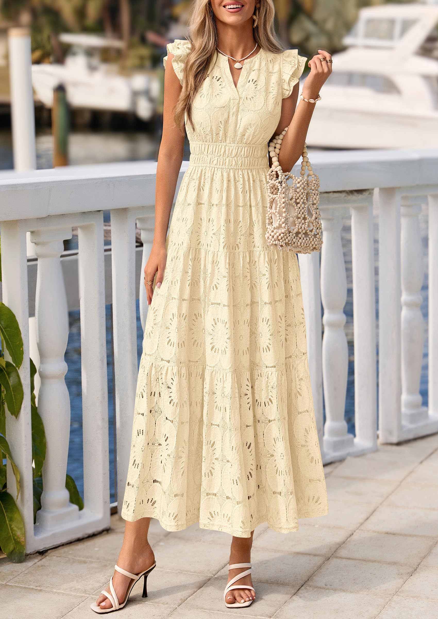 PRETTYGARDEN Womens Boho Maxi Dresses Summer Floral Lace Eyelet V Neck Spring Wedding Guest Dress Beach Vacation Clothes