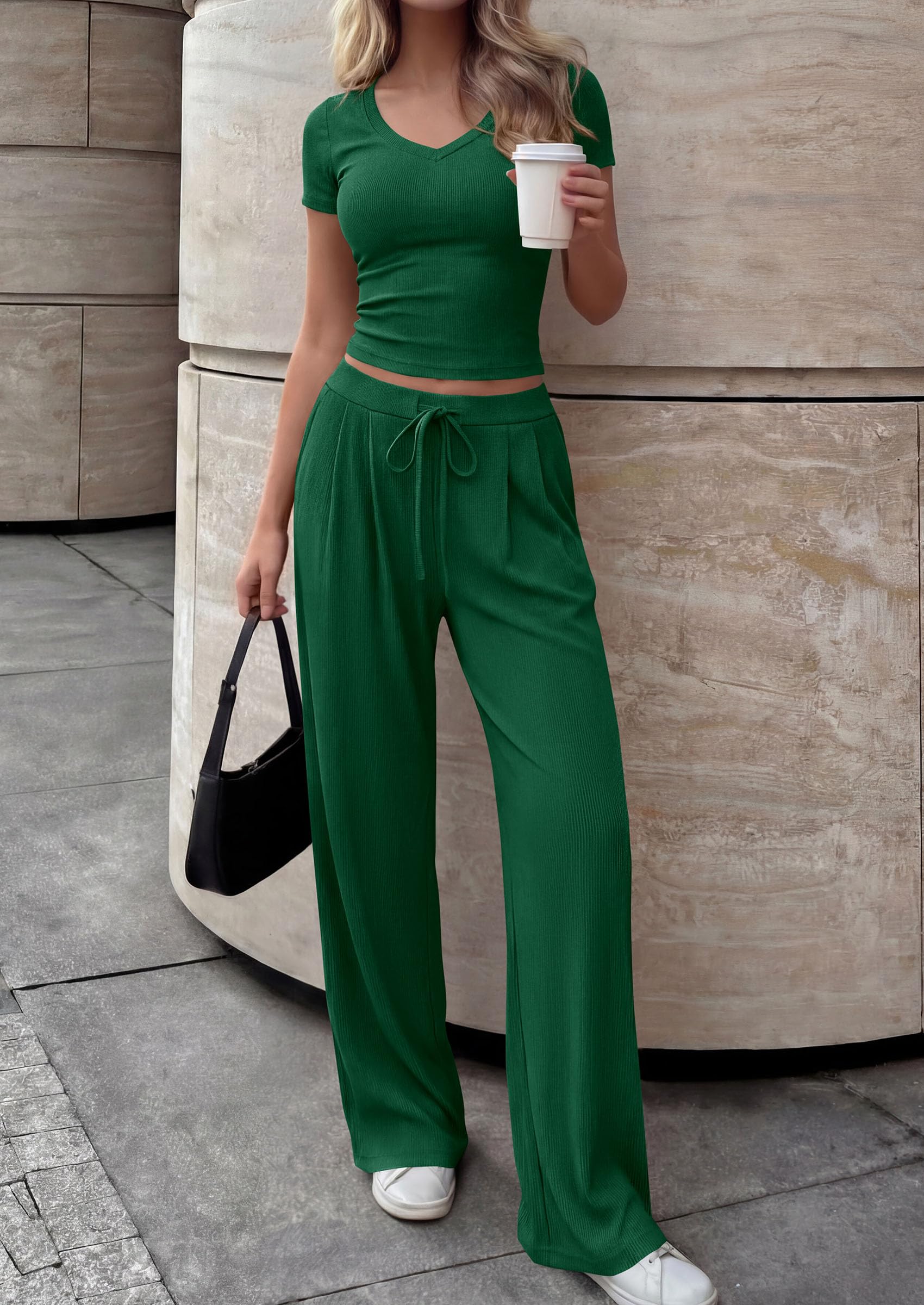 PRETTYGARDEN 2 Piece Sets for Women Summer Spring Lounge Set Matching V Neck Tops Wide Leg Pants Airport Travel Outfits
