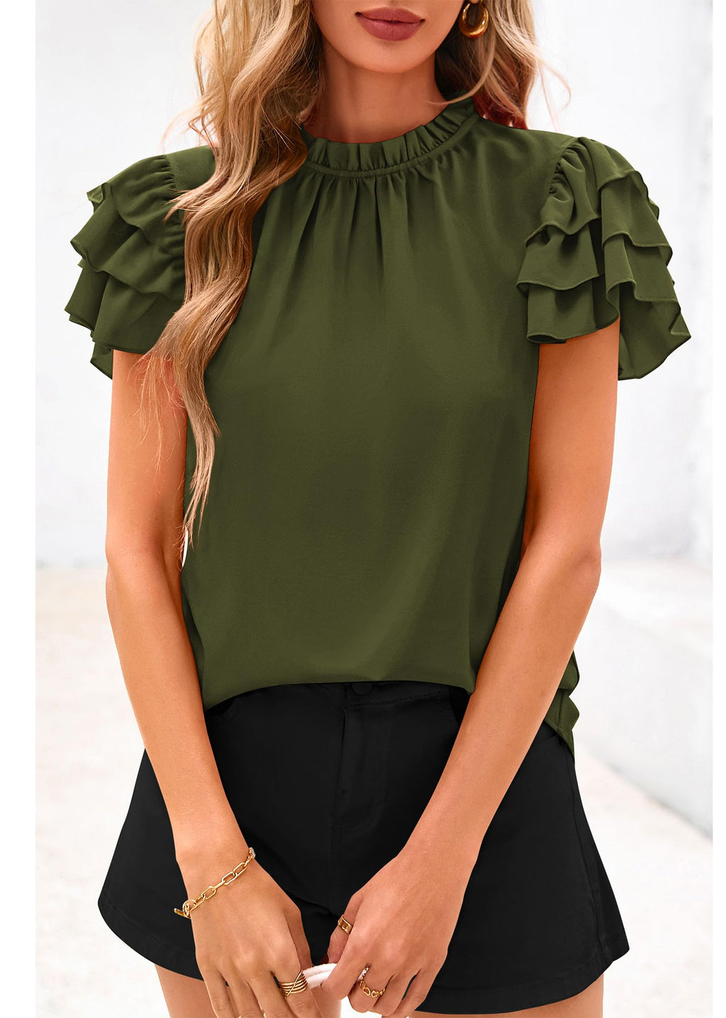 FreshPretty Blouses for Women Dressy Casual Spring Summer Ruffle Short Sleeve Mock Neck Work Shirts Tops Fashion Clothing