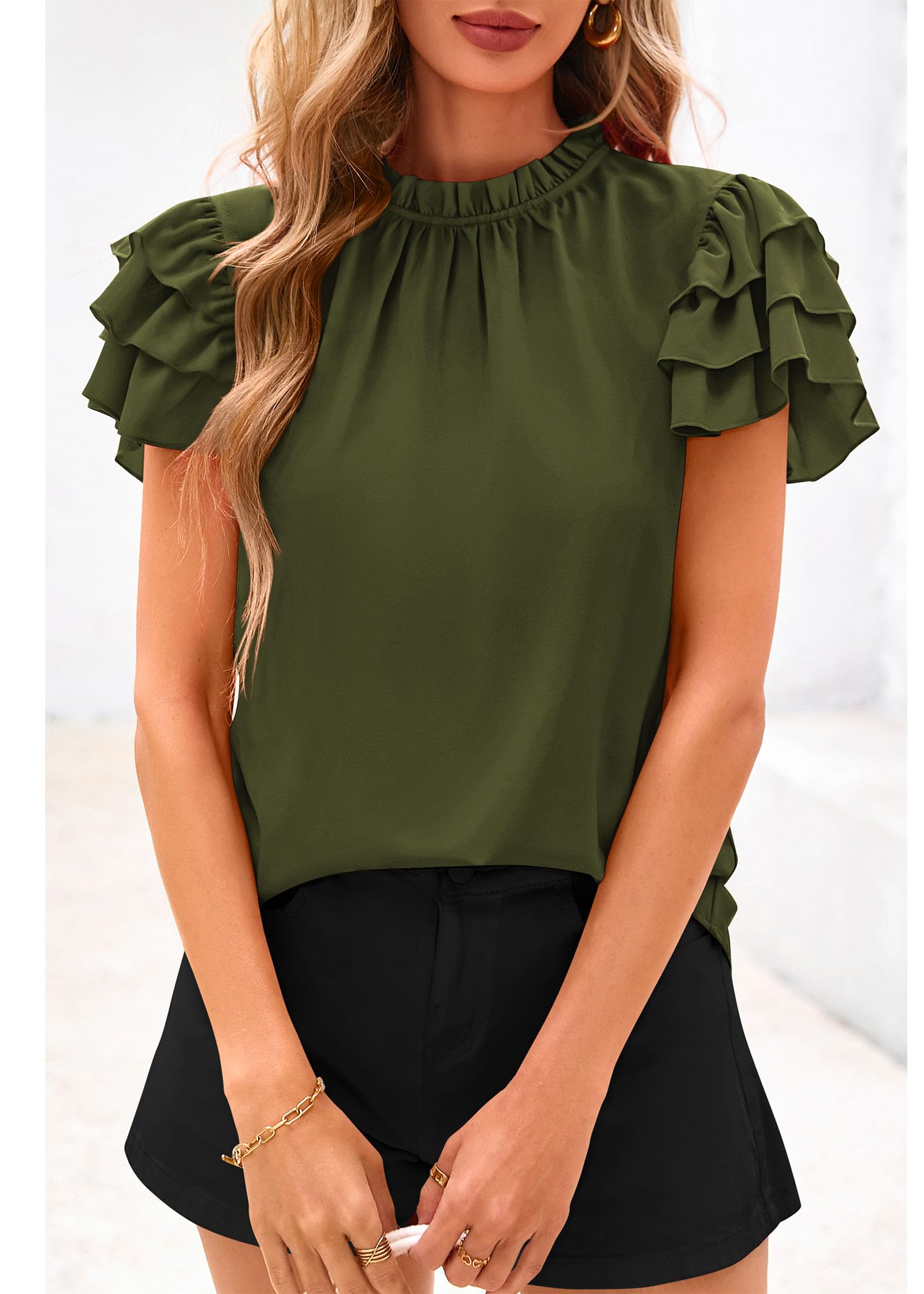 FreshPretty Blouses for Women Dressy Casual Spring Summer Ruffle Short Sleeve Mock Neck Work Shirts Tops Fashion Clothing