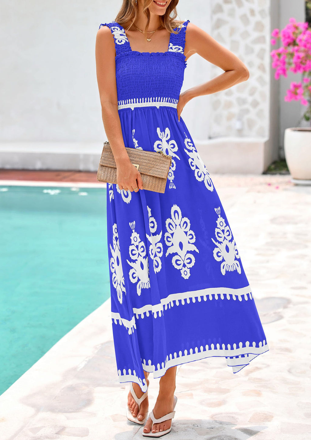 PRETTYGARDEN Womens Summer Boho Maxi Dress Casual Sleeveless Square Neck Floral Aline Smocked Beach Dresses with Pockets