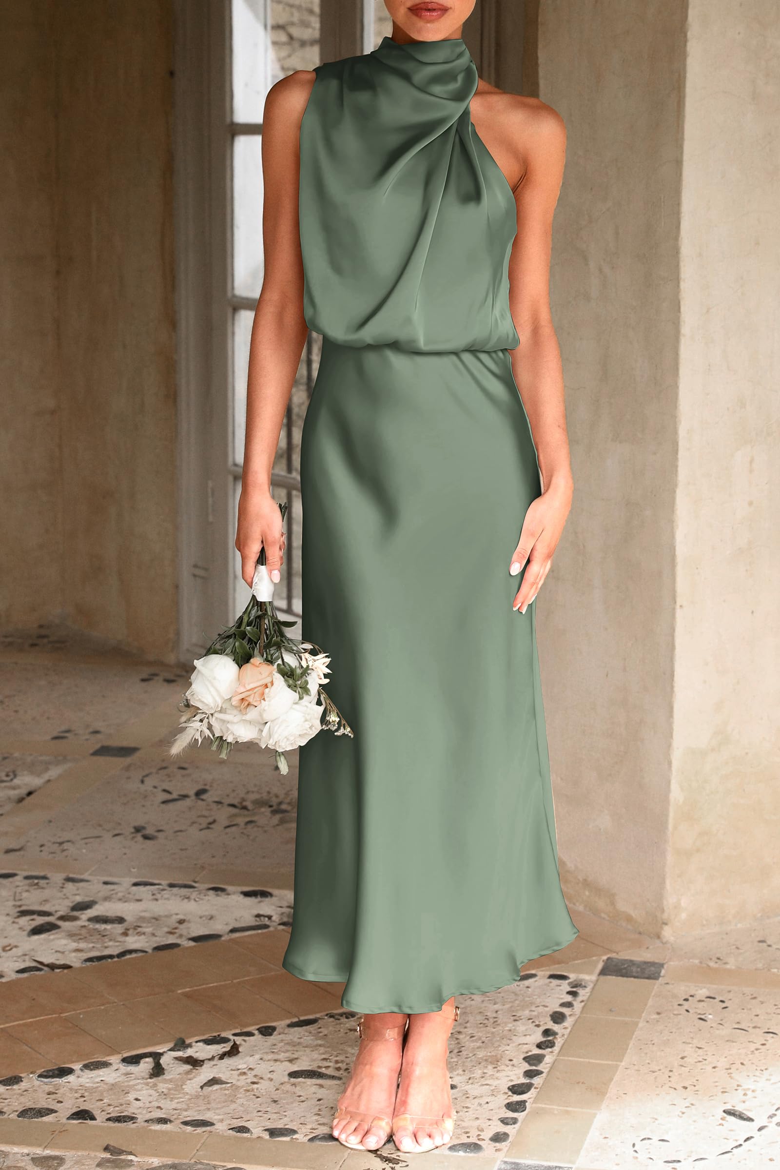 PRETTYGARDEN Women's Summer Satin Dress Elegant Sleeveless Mock Neck Cocktail Party Maxi Dresses