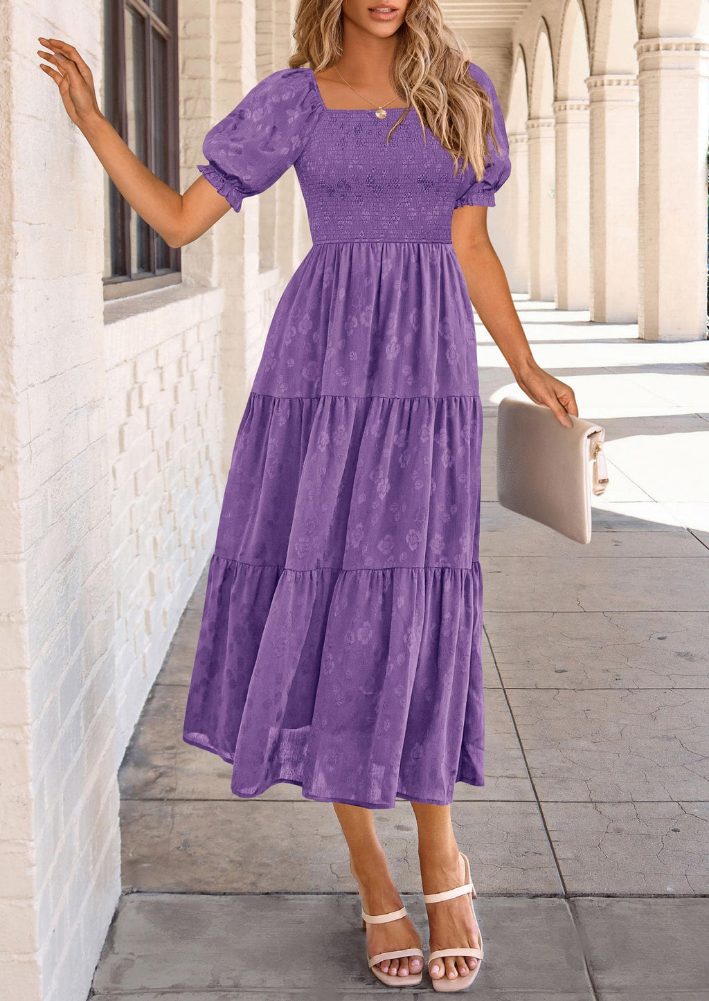PRETTYGARDEN Women's Summer Casual Midi Dresses Square Neck Short Sleeve Smocked A Line Floral Flowy Elegant Boho Dress
