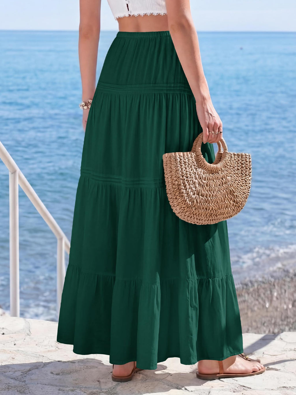 BTFBM Spring Skirts for Women Summer Boho Beach Vacation Clothes Casual Pleated High Waisted Flowy Maxi Skirt