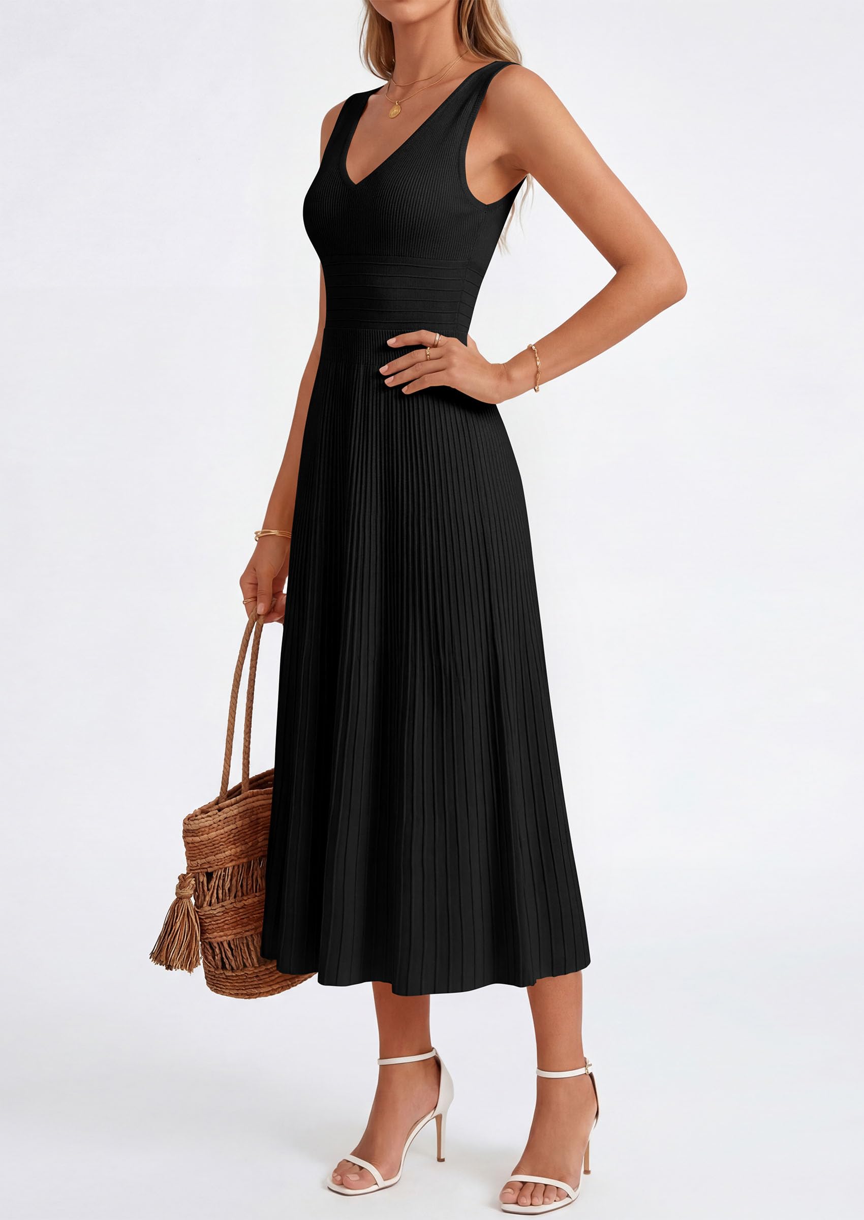 PRETTYGARDEN Women's Summer Casual Dresses Spring Sleeveless V Neck Knit Midi Business Work A Line Cocktail Dress