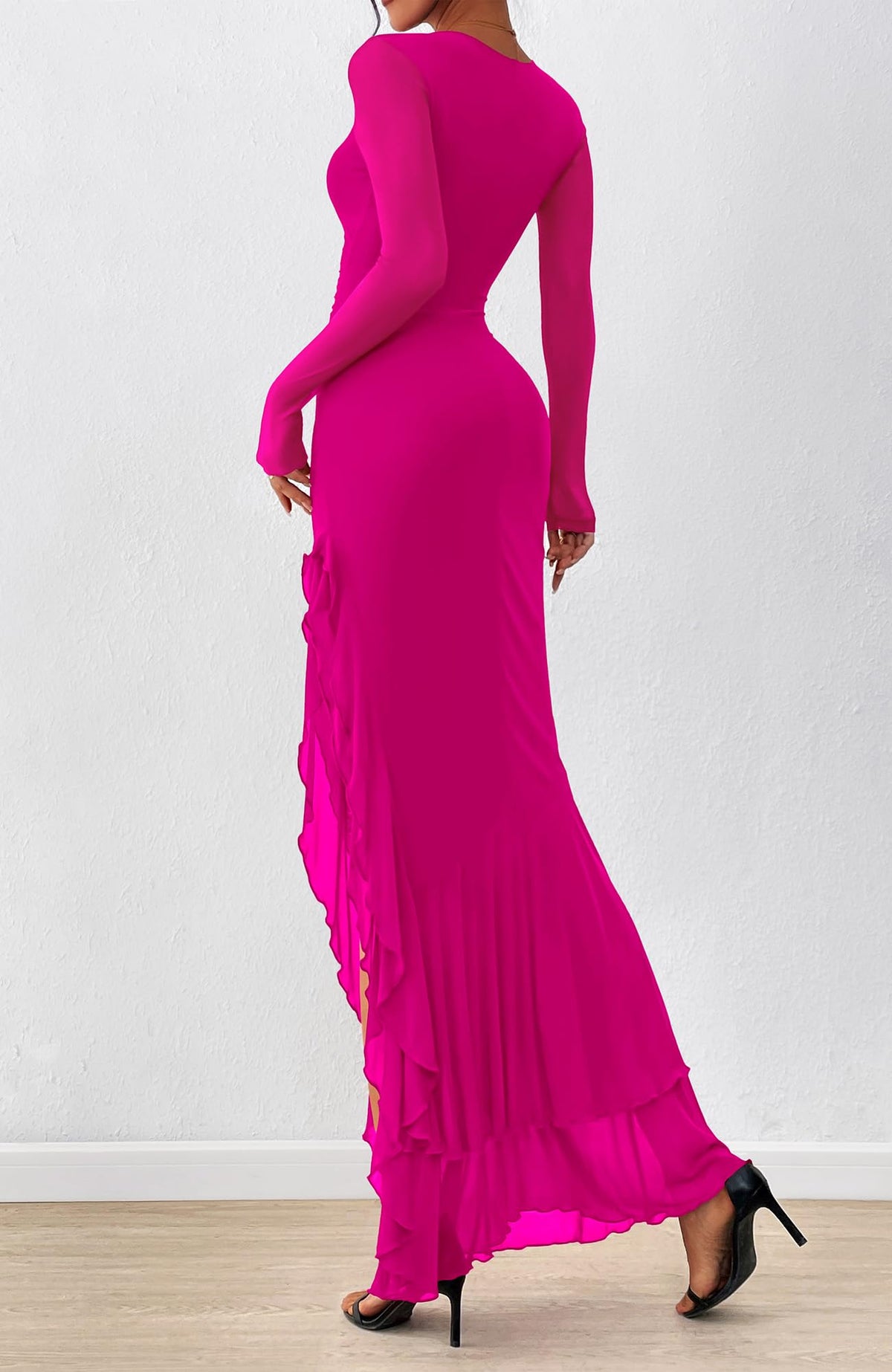 BTFBM Women's Maxi Dresses Fall Long Sleeve Wedding Guest Dress Mesh,Ruched,Bodycon,High Split,Solid Color,Ruffle, Mermaid,Cocktail Dresses,Prom,Party,Homecoming Dress,Fall Outfits