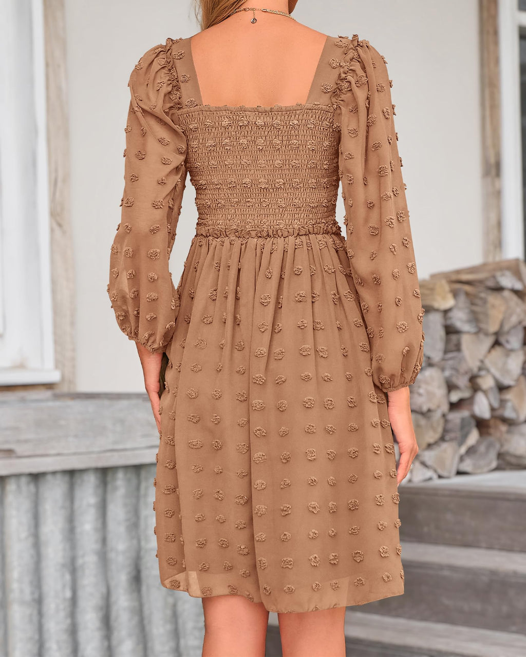 BTFBM Womens Long Sleeve Dress Summer Vacation Square Neck Smocked Floral Mini Boho Spring Wedding Guest Dresses