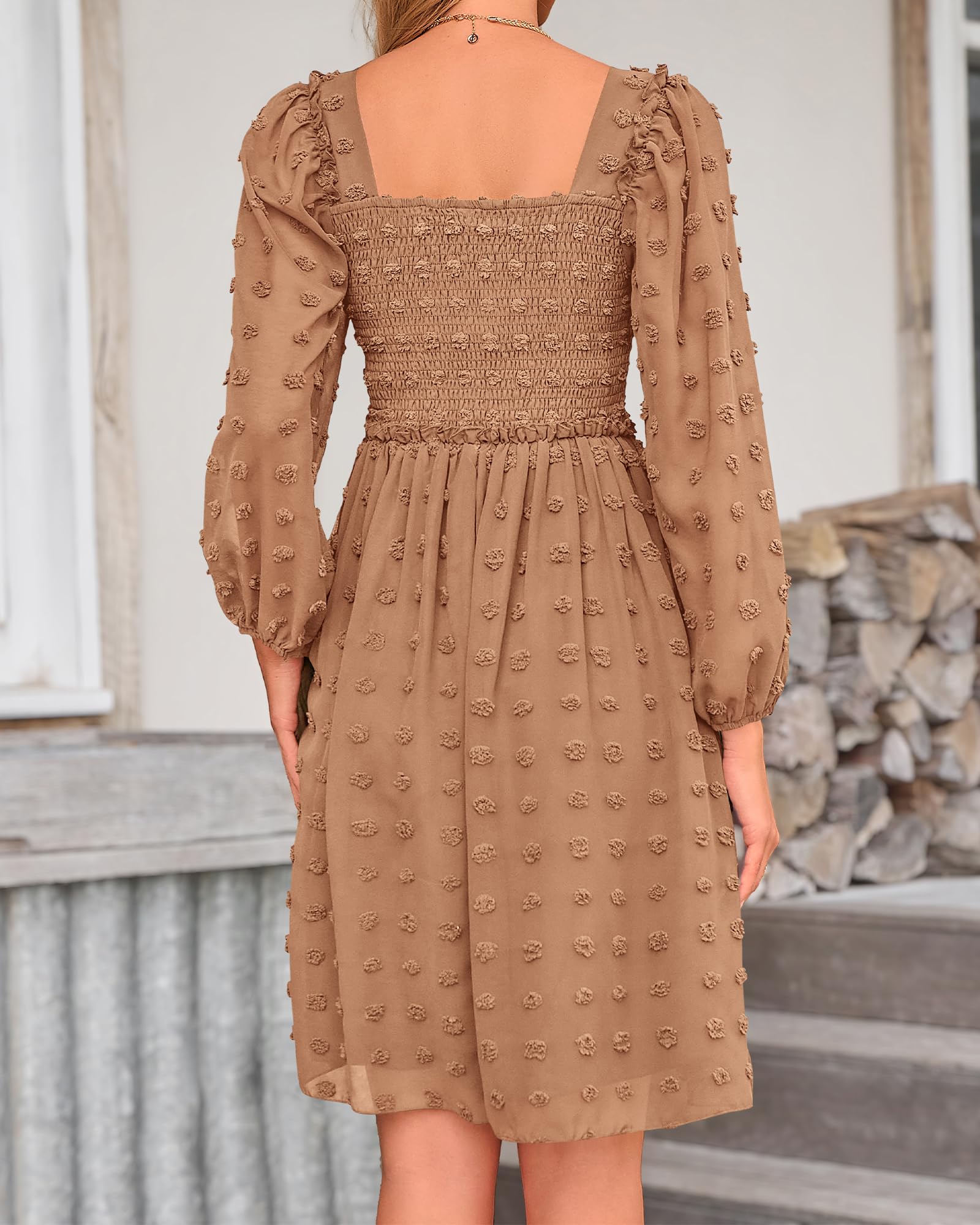 BTFBM Womens Long Sleeve Dress Summer Vacation Square Neck Smocked Floral Mini Boho Spring Wedding Guest Dresses